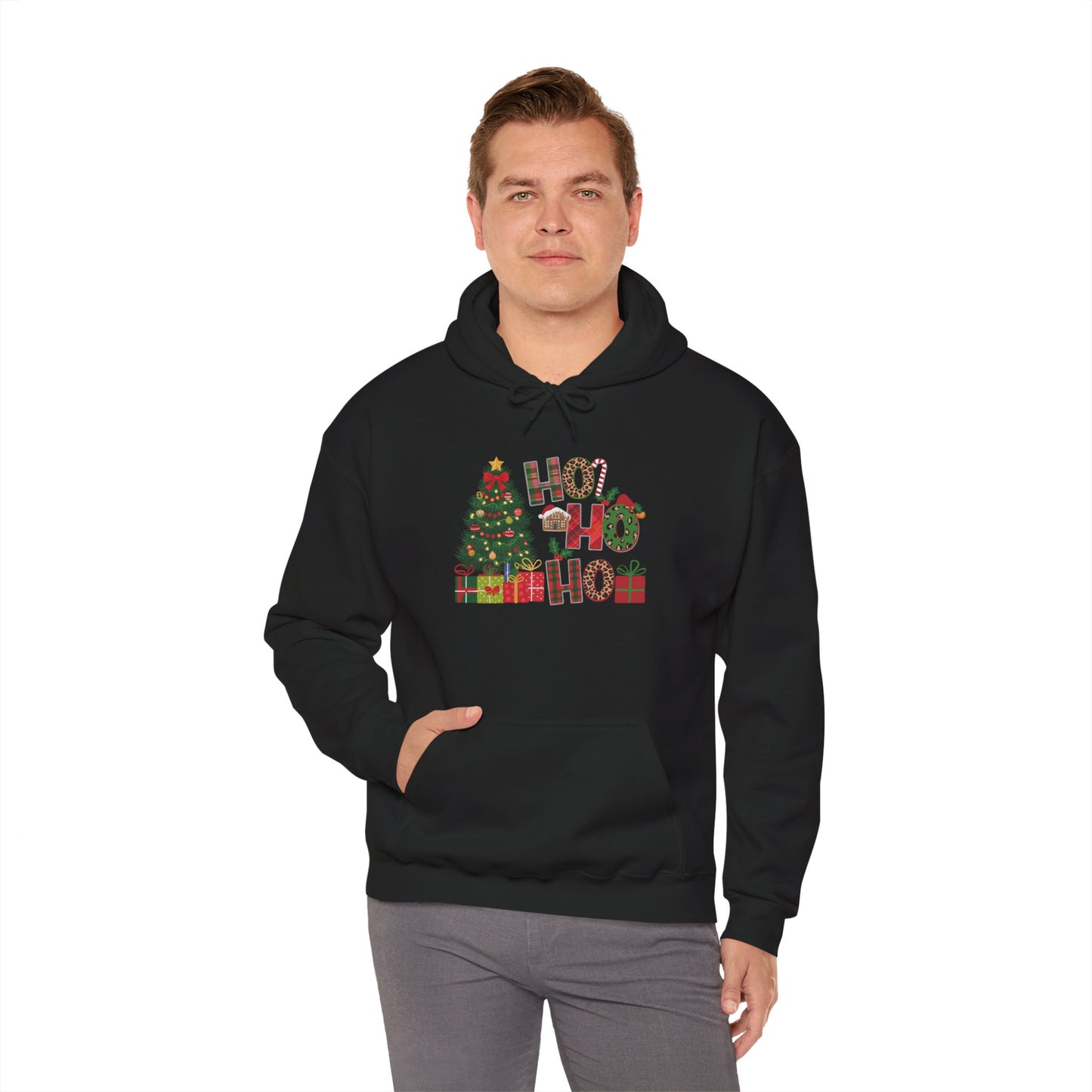 Embroidered Ho Ho Ho Christmas Hoodie – Festive Tree & Gifts Holiday Sweatshirt