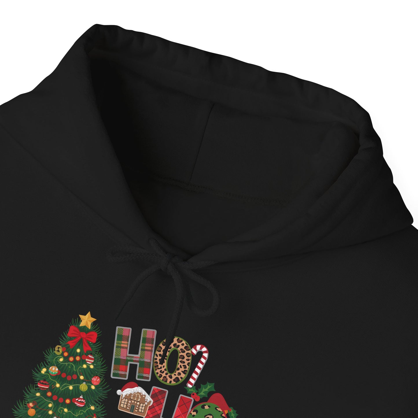 Embroidered Ho Ho Ho Christmas Hoodie – Festive Tree & Gifts Holiday Sweatshirt