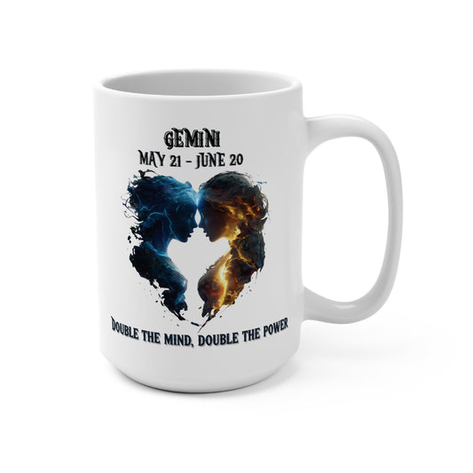 White mug with Gemini zodiac design and text on a white background