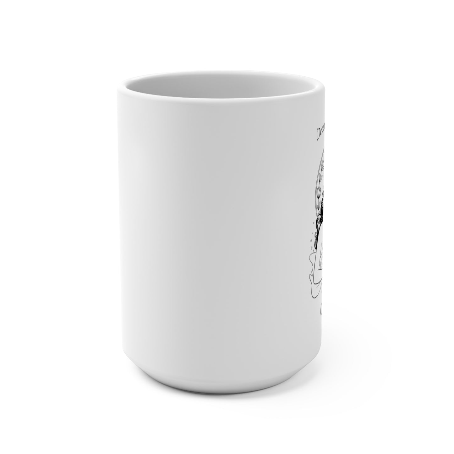 White mug with black text and design on a white background