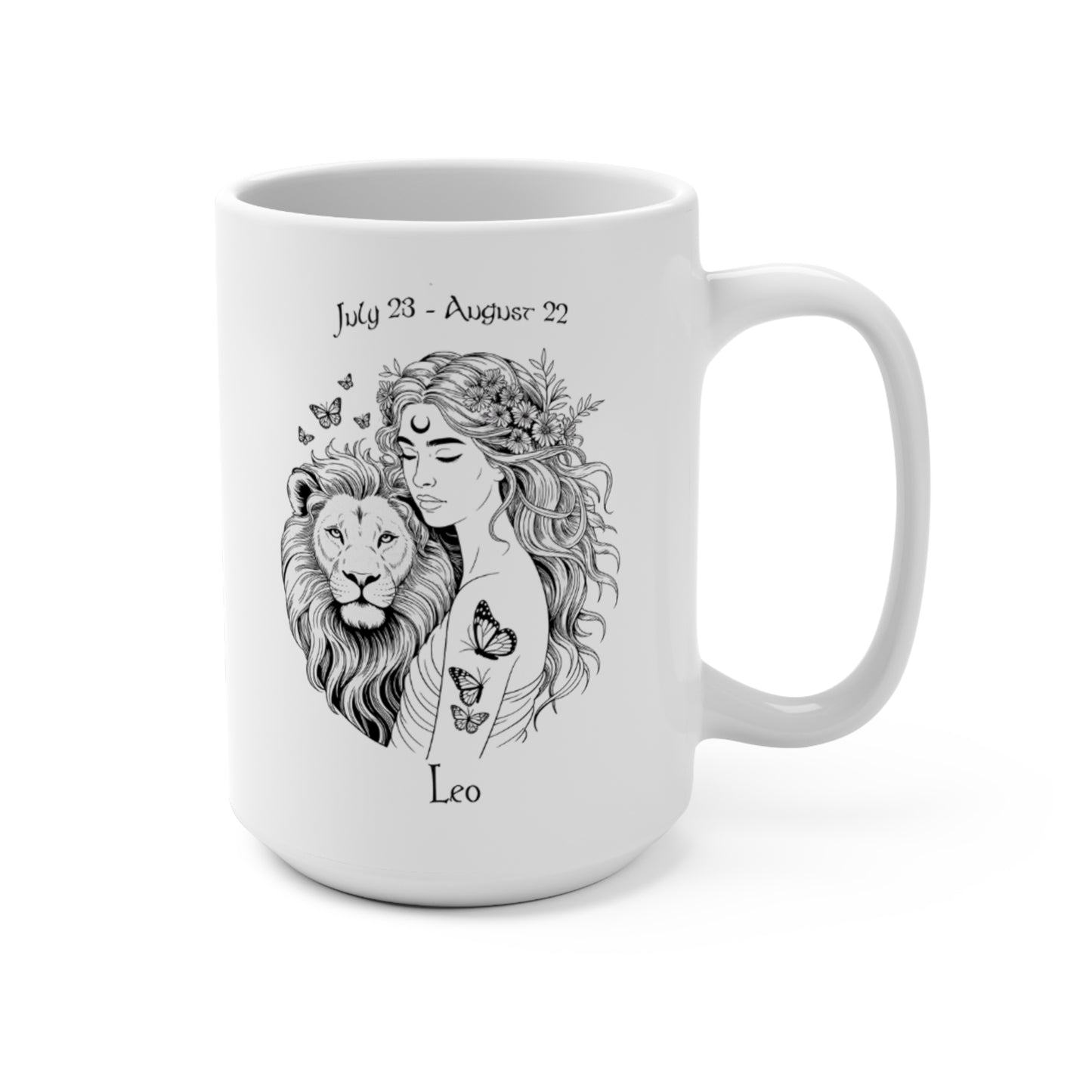 Leo Zodiac Goddess Mug with celestial lion design and July 23 - August 22 dates

