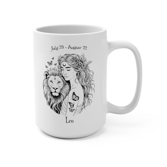 Leo Zodiac Goddess Mug with celestial lion design and July 23 - August 22 dates

