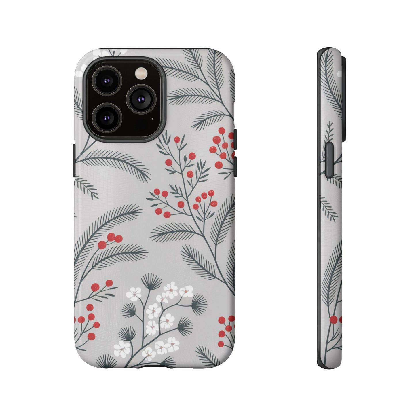 Phone case with light gray background and red berry and white flower branch pattern.