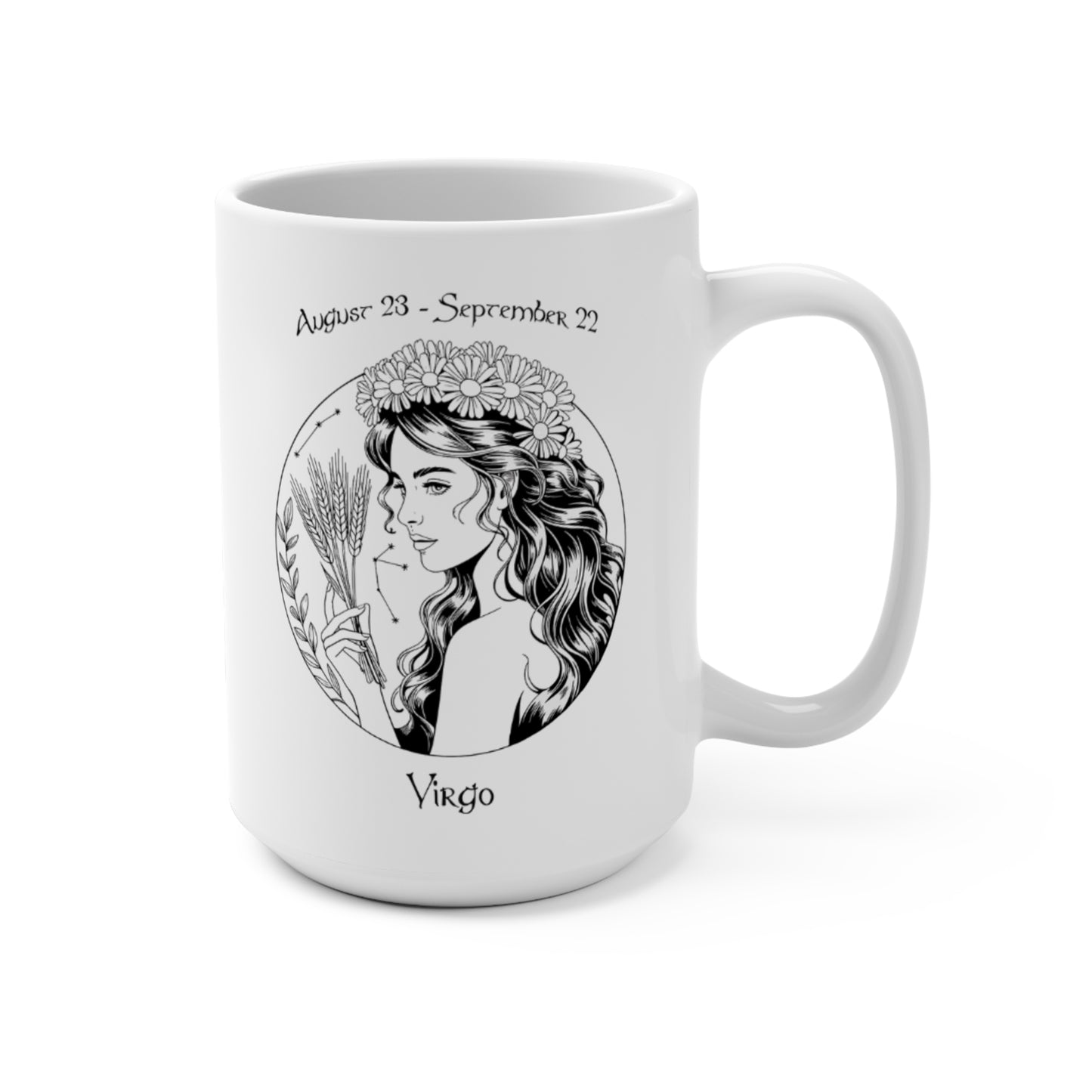 Virgo Zodiac Goddess Mug with celestial maiden design and August 23 - September 22 dates


