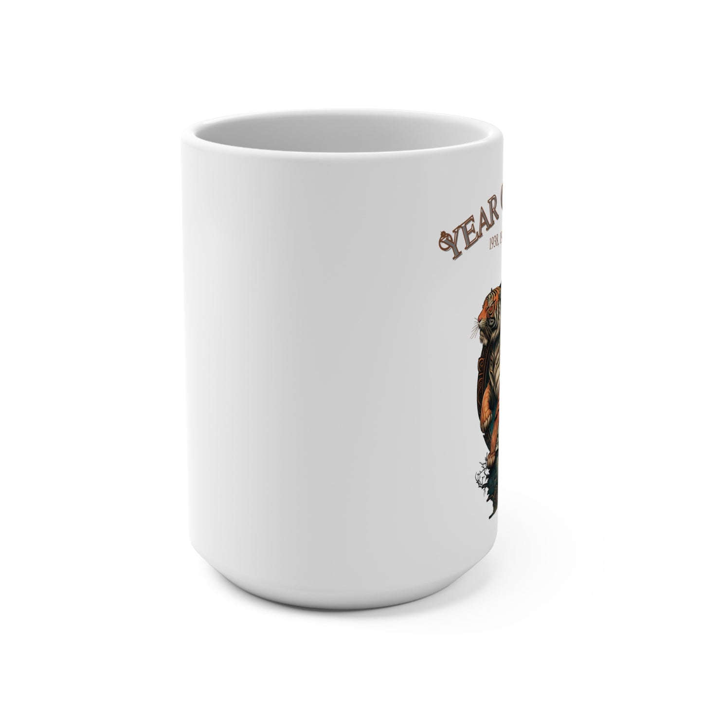 White mug with a graphic design on a white background