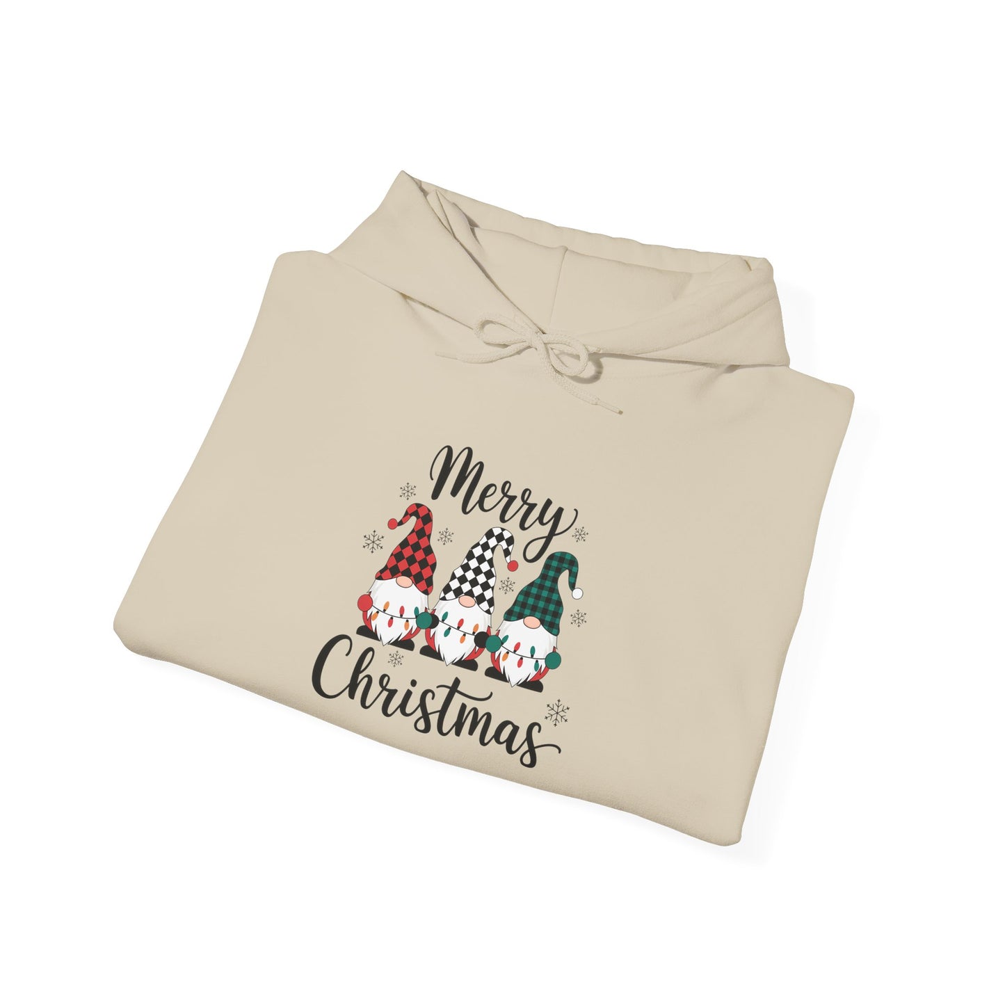 Embroidered Merry Christmas Gnomes Hoodie — Festive Plaid Holiday Pullover