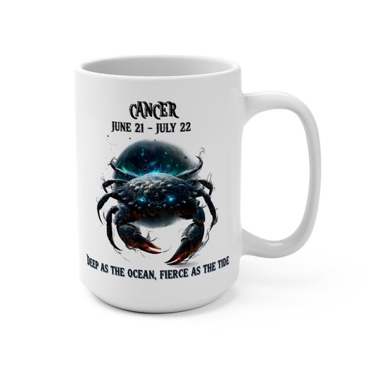White mug with a cancer zodiac design featuring a crab and text on a white background