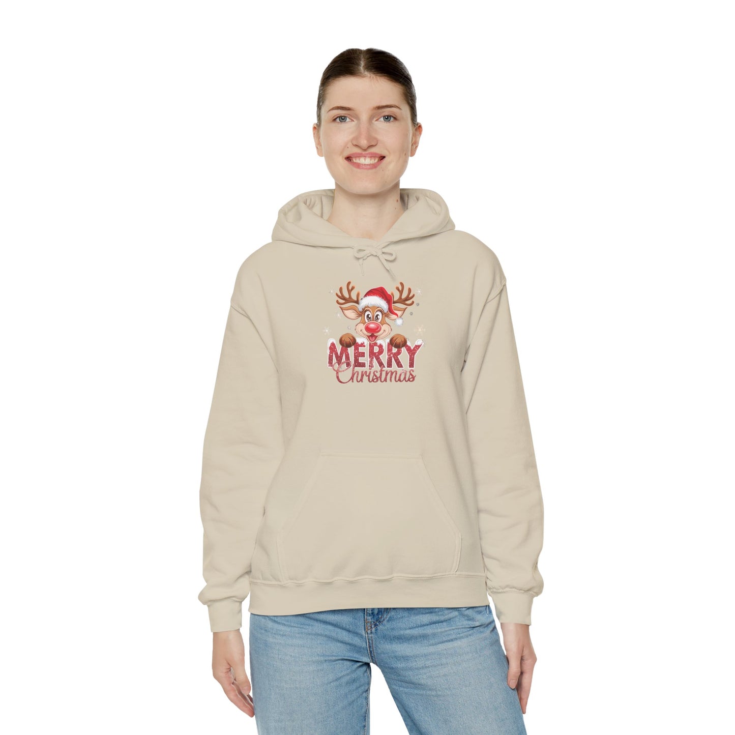 Embroidered Christmas Reindeer Hoodie – Merry Christmas Cute Holiday Sweatshirt