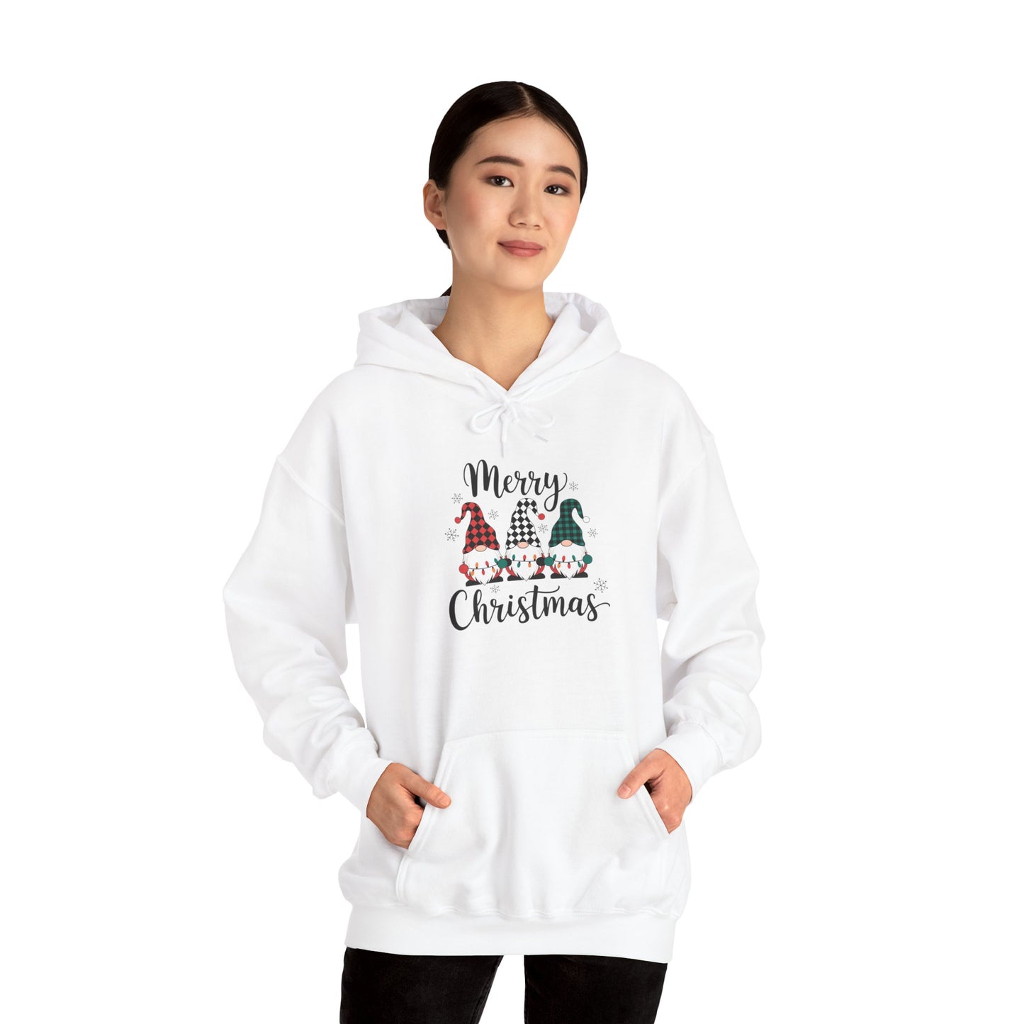 Embroidered Merry Christmas Gnomes Hoodie — Festive Plaid Holiday Pullover