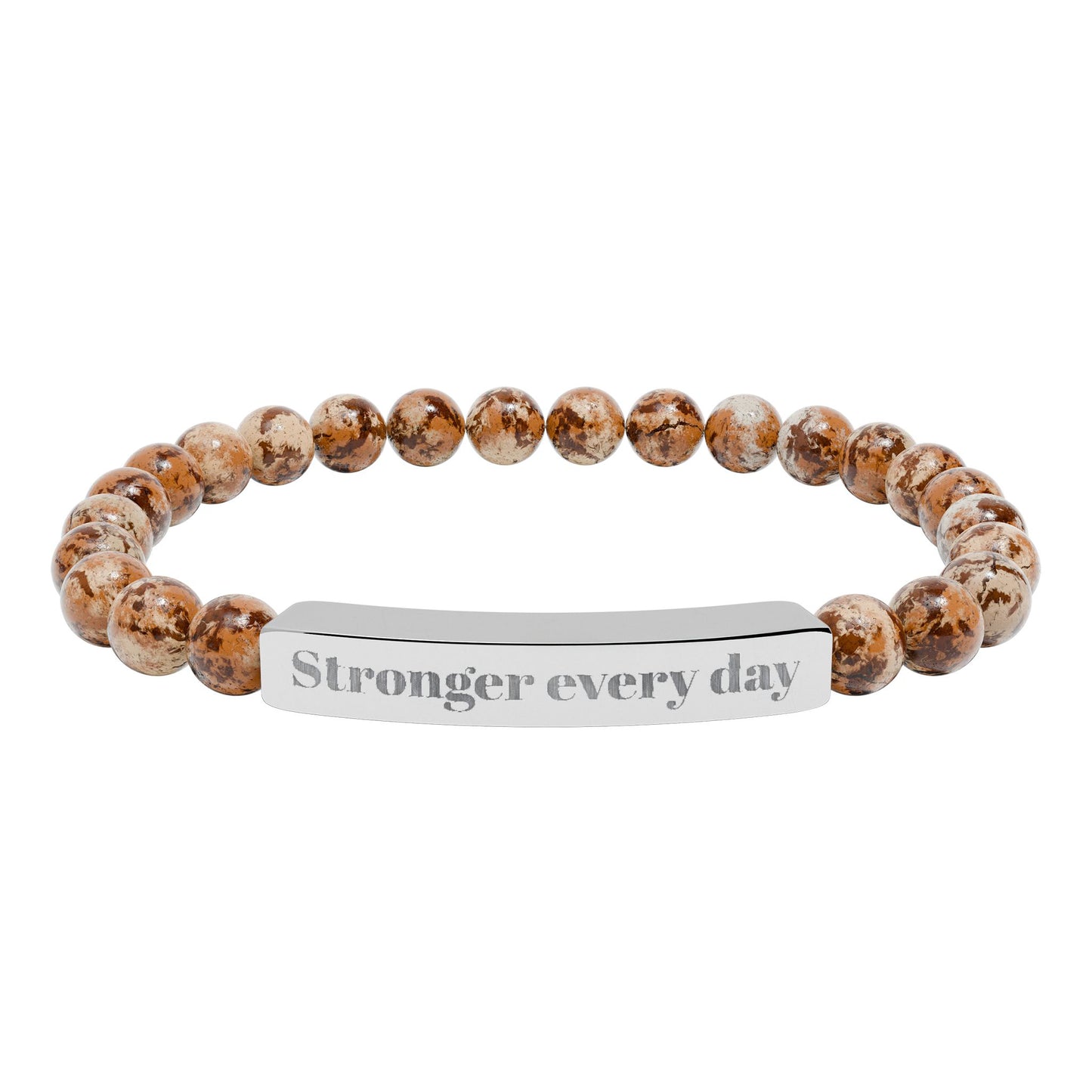 Engraved Natural Stone Stretch Bracelet — 'Stronger Every Day' Beaded Bar Bracelet