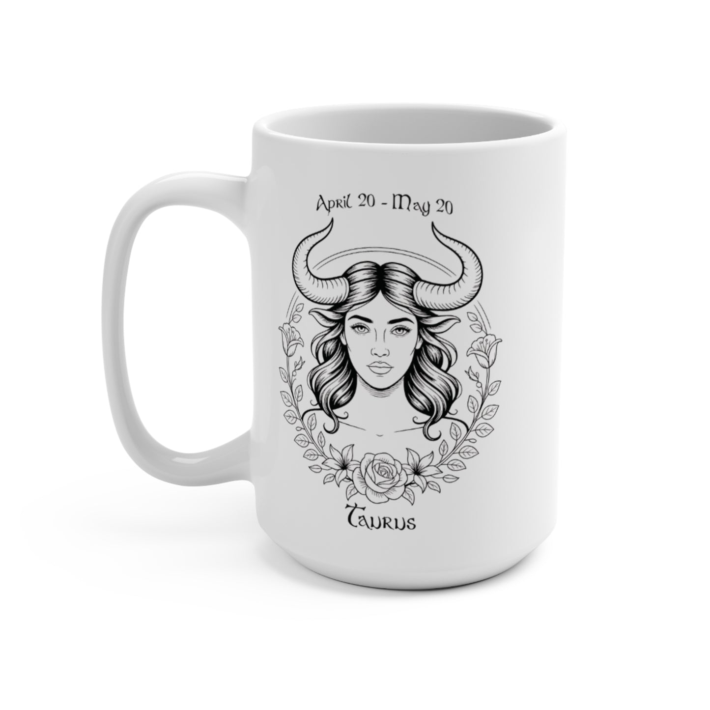 White mug with Taurus zodiac design on a white background