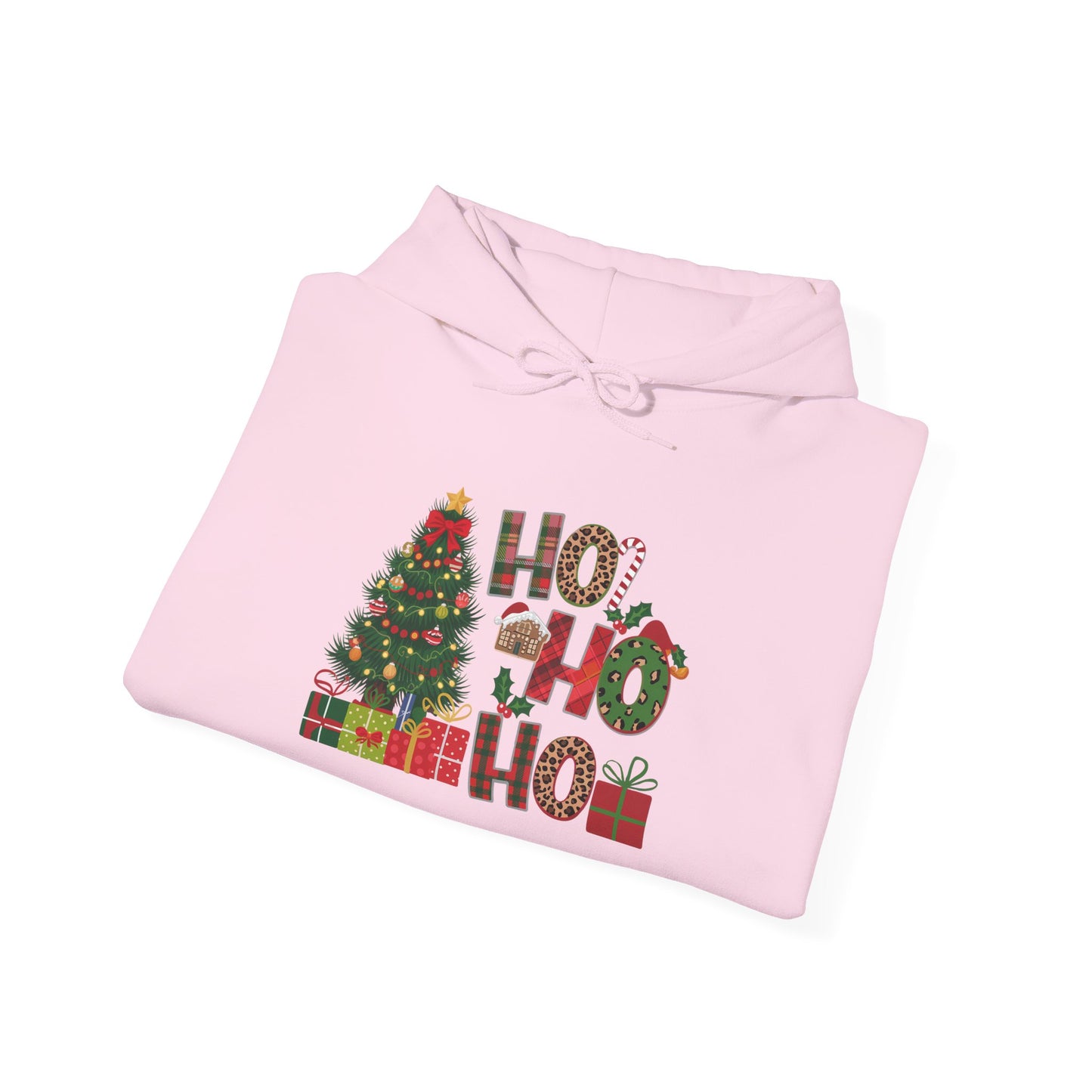 Embroidered Ho Ho Ho Christmas Hoodie – Festive Tree & Gifts Holiday Sweatshirt