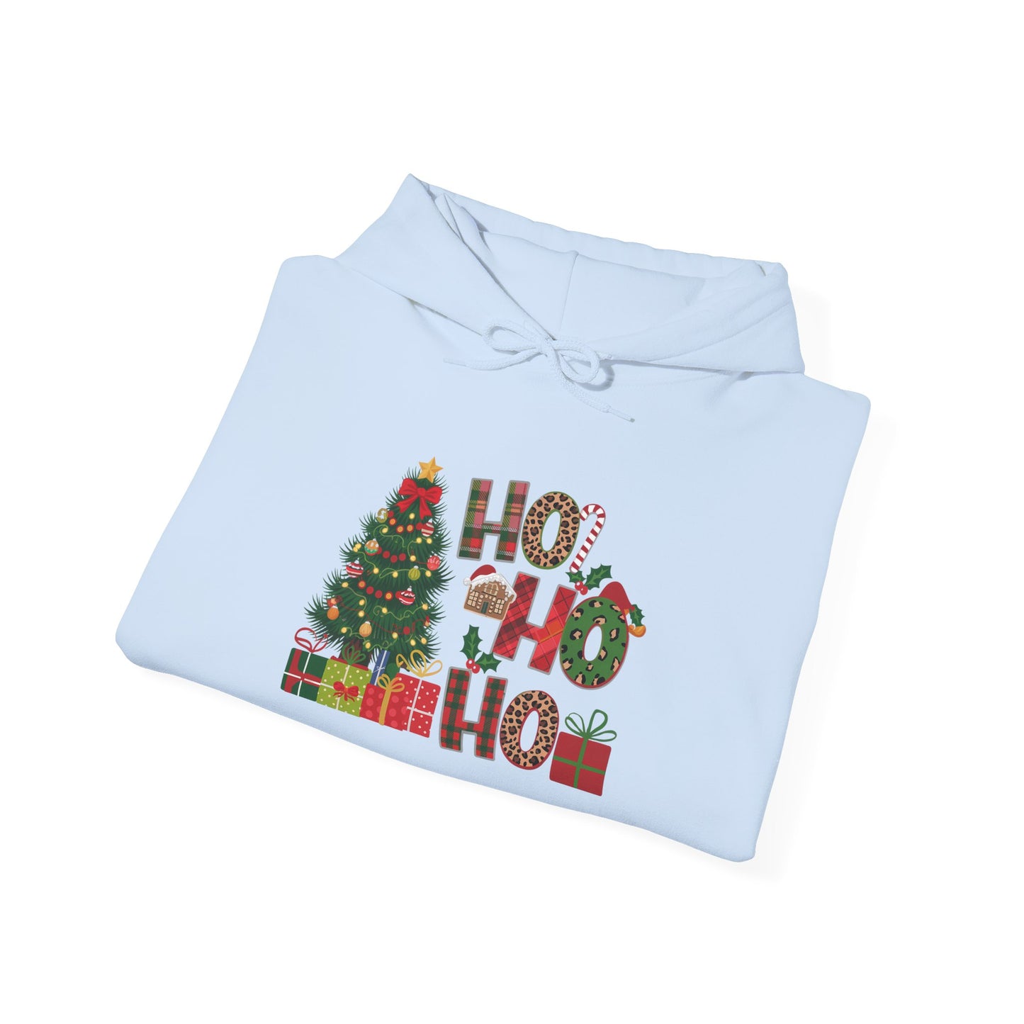 Embroidered Ho Ho Ho Christmas Hoodie – Festive Tree & Gifts Holiday Sweatshirt
