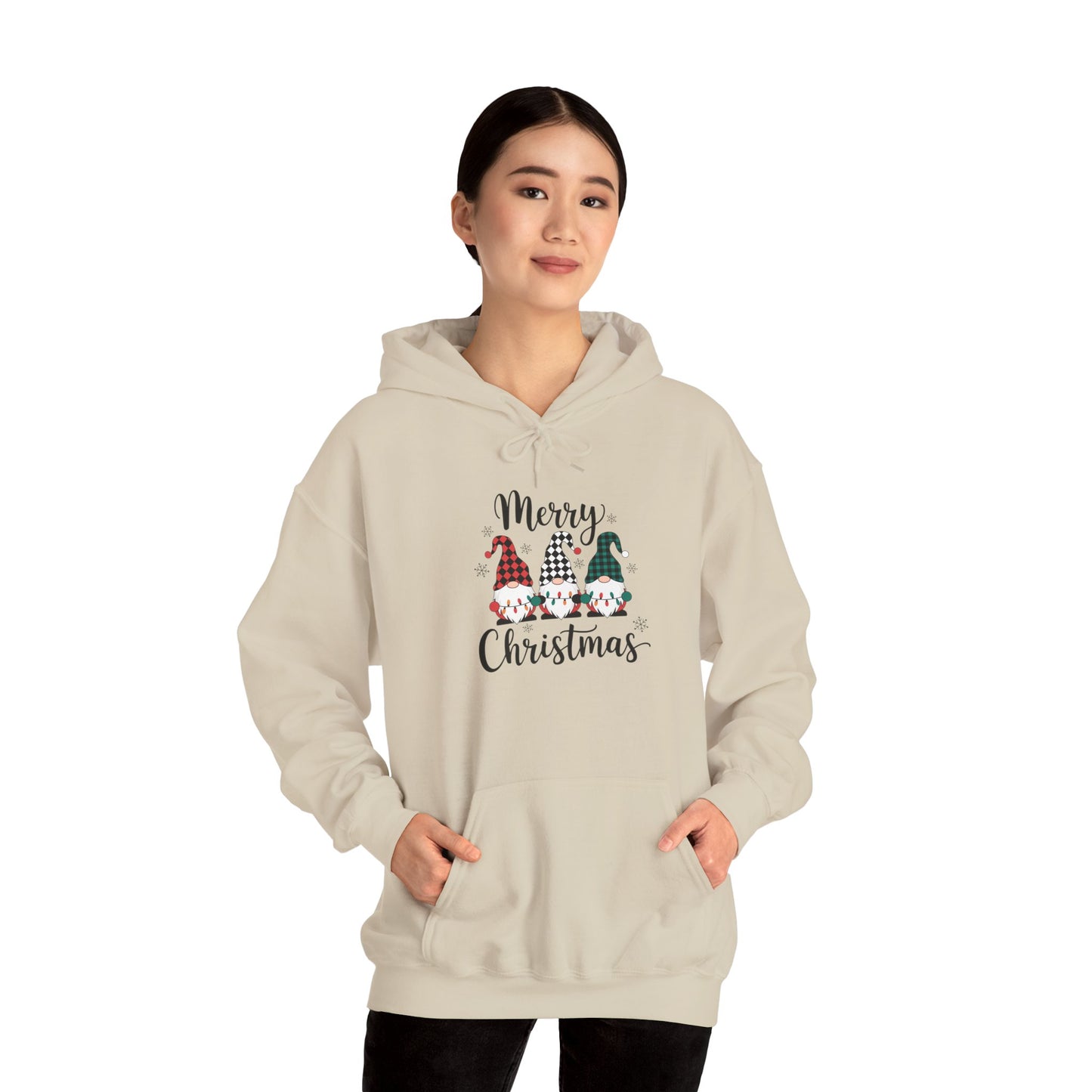 Embroidered Merry Christmas Gnomes Hoodie — Festive Plaid Holiday Pullover
