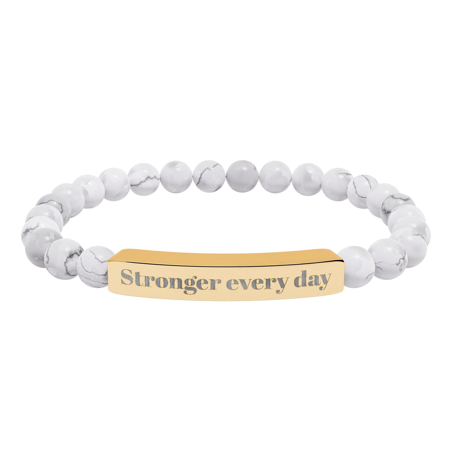 Engraved Natural Stone Stretch Bracelet — 'Stronger Every Day' Beaded Bar Bracelet