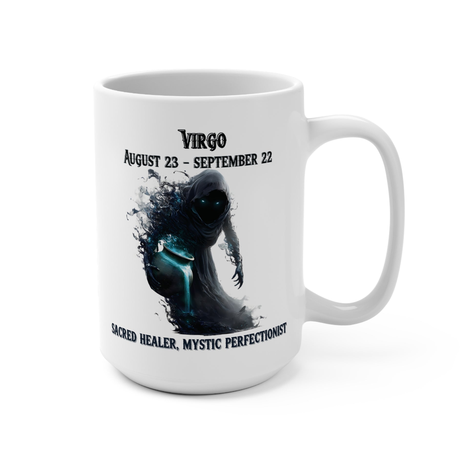 White mug with Virgo zodiac design and text on a white background