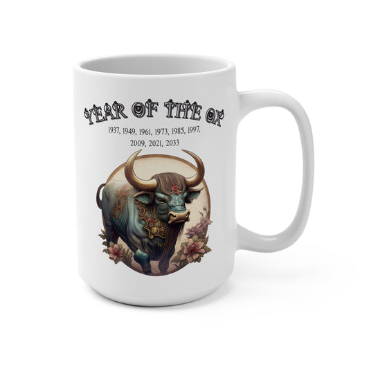 White mug with a bull illustration and text about the Year of the Ox on a white background