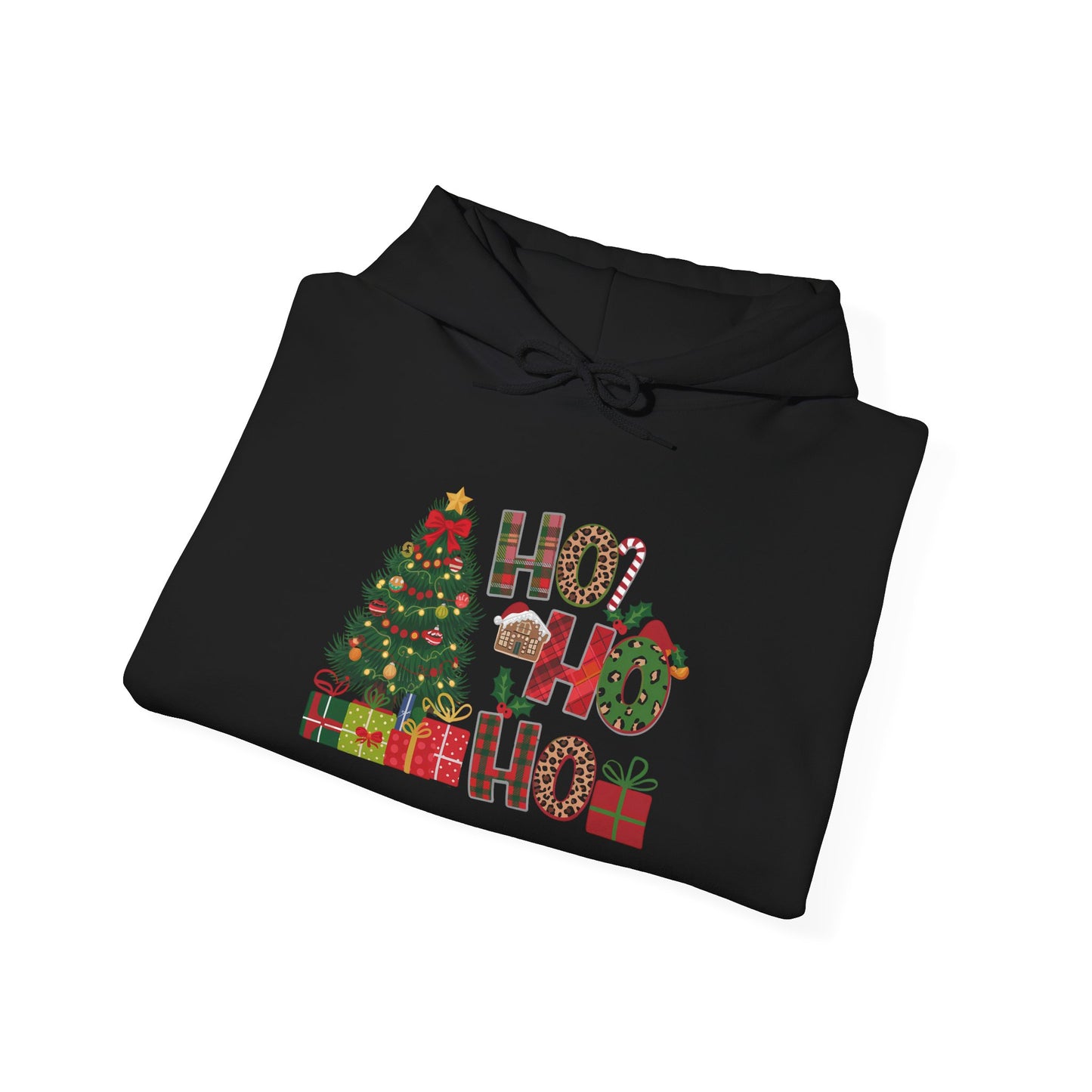 Embroidered Ho Ho Ho Christmas Hoodie – Festive Tree & Gifts Holiday Sweatshirt