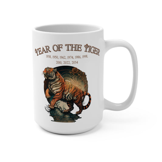 White mug with a tiger design and 'Year of the Tiger' text on a white background