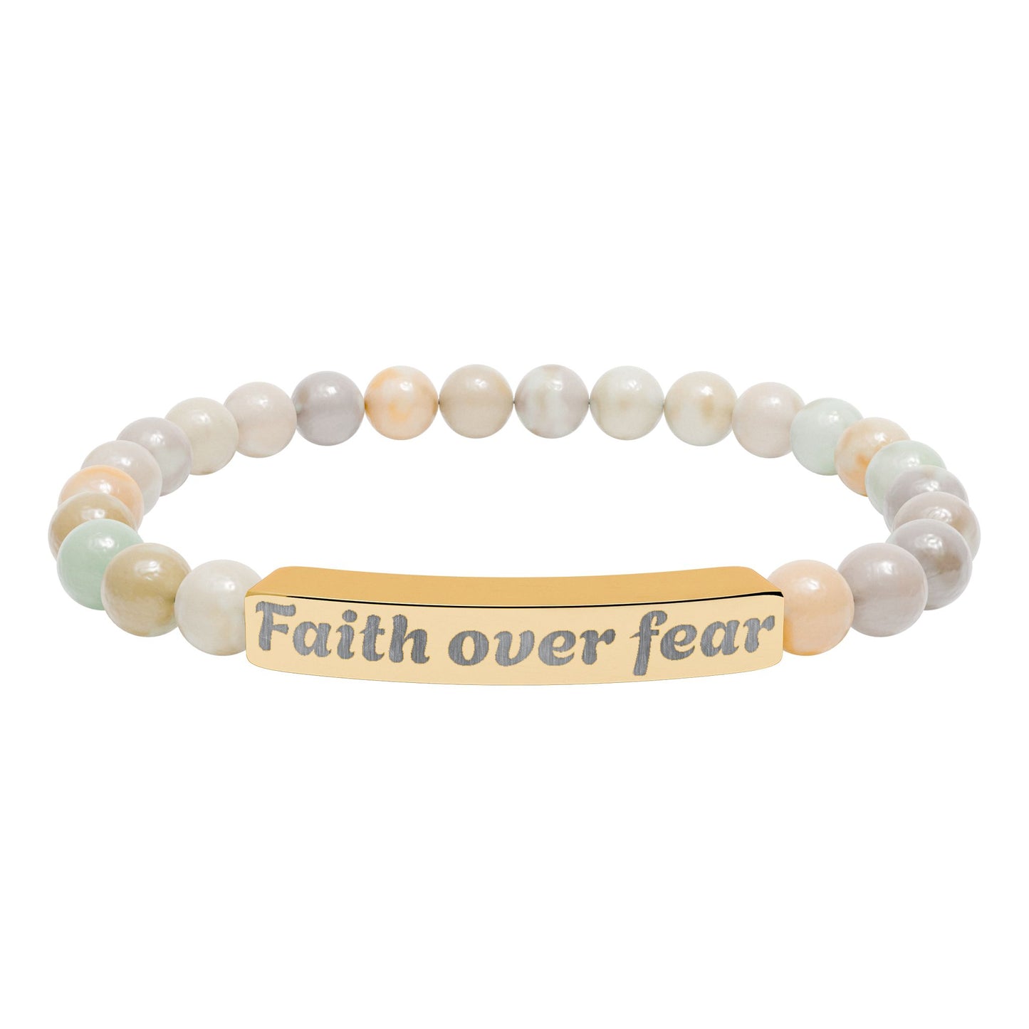 Faith Over Fear Natural Stone Stretch Bracelet — Engraved Beaded Bar Bracelet