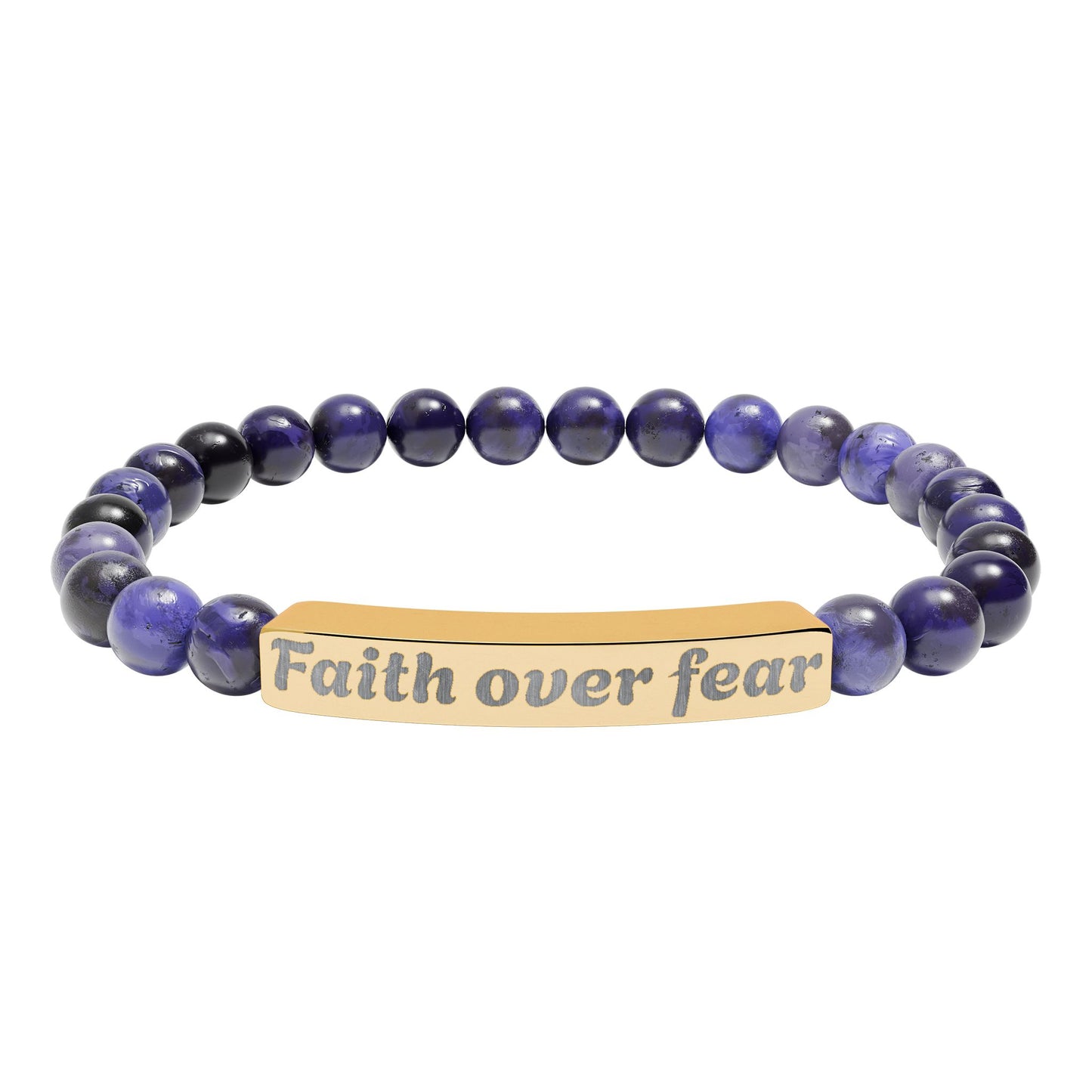 Faith Over Fear Natural Stone Stretch Bracelet — Engraved Beaded Bar Bracelet