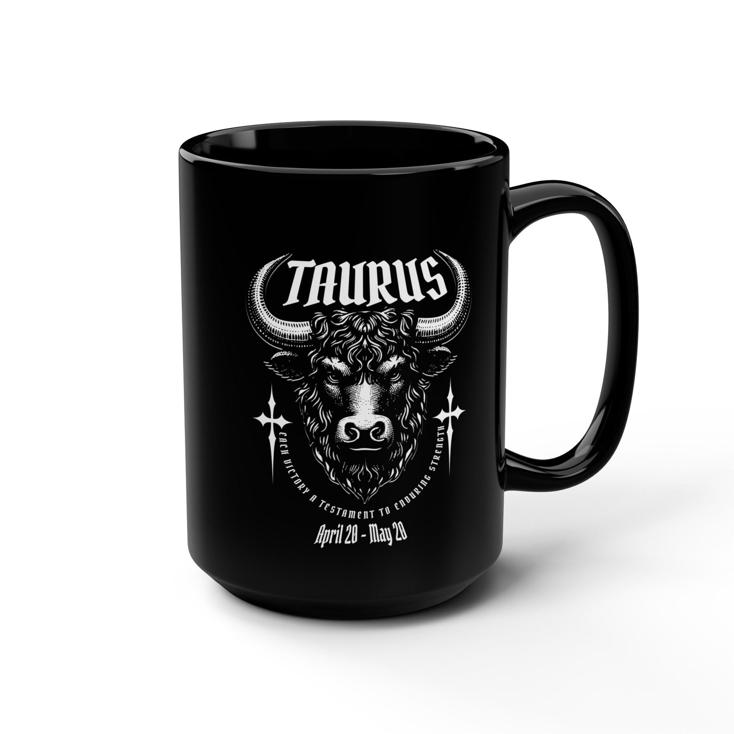 Black mug with Taurus zodiac design on a white background