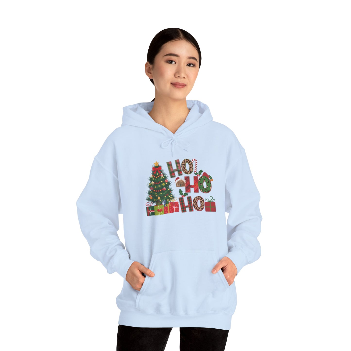 Embroidered Ho Ho Ho Christmas Hoodie – Festive Tree & Gifts Holiday Sweatshirt