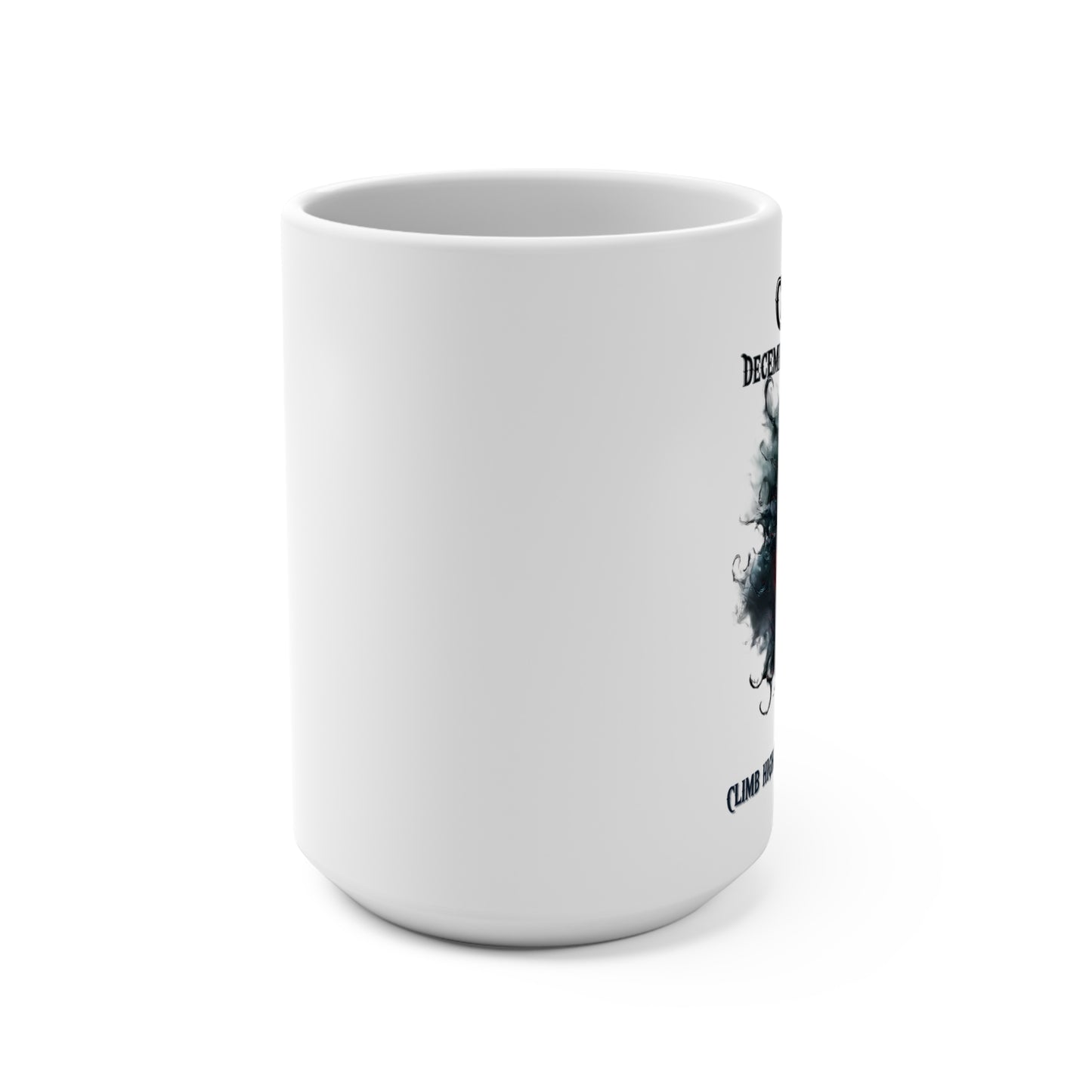 White mug with black text and design on a white background