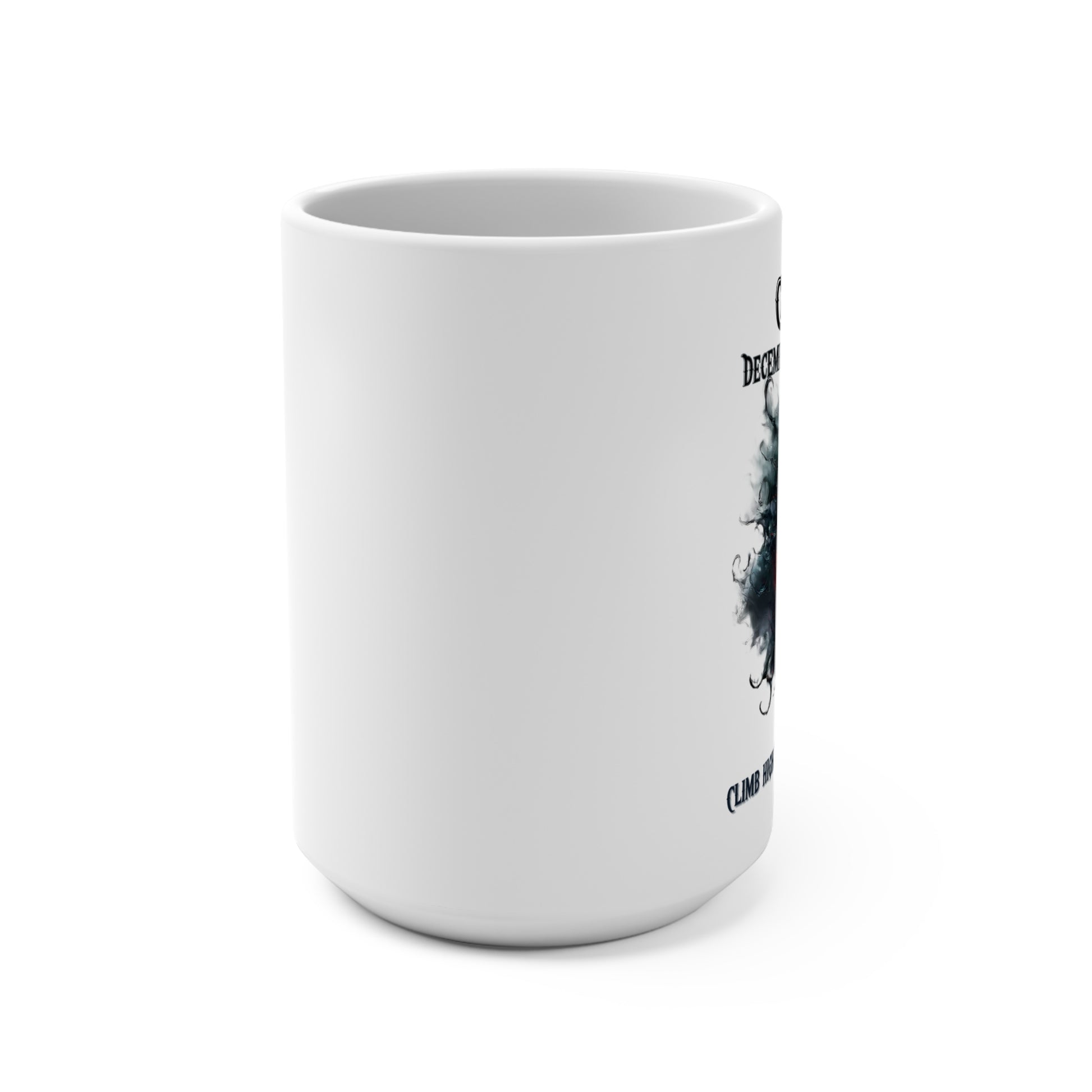 White mug with black text and design on a white background