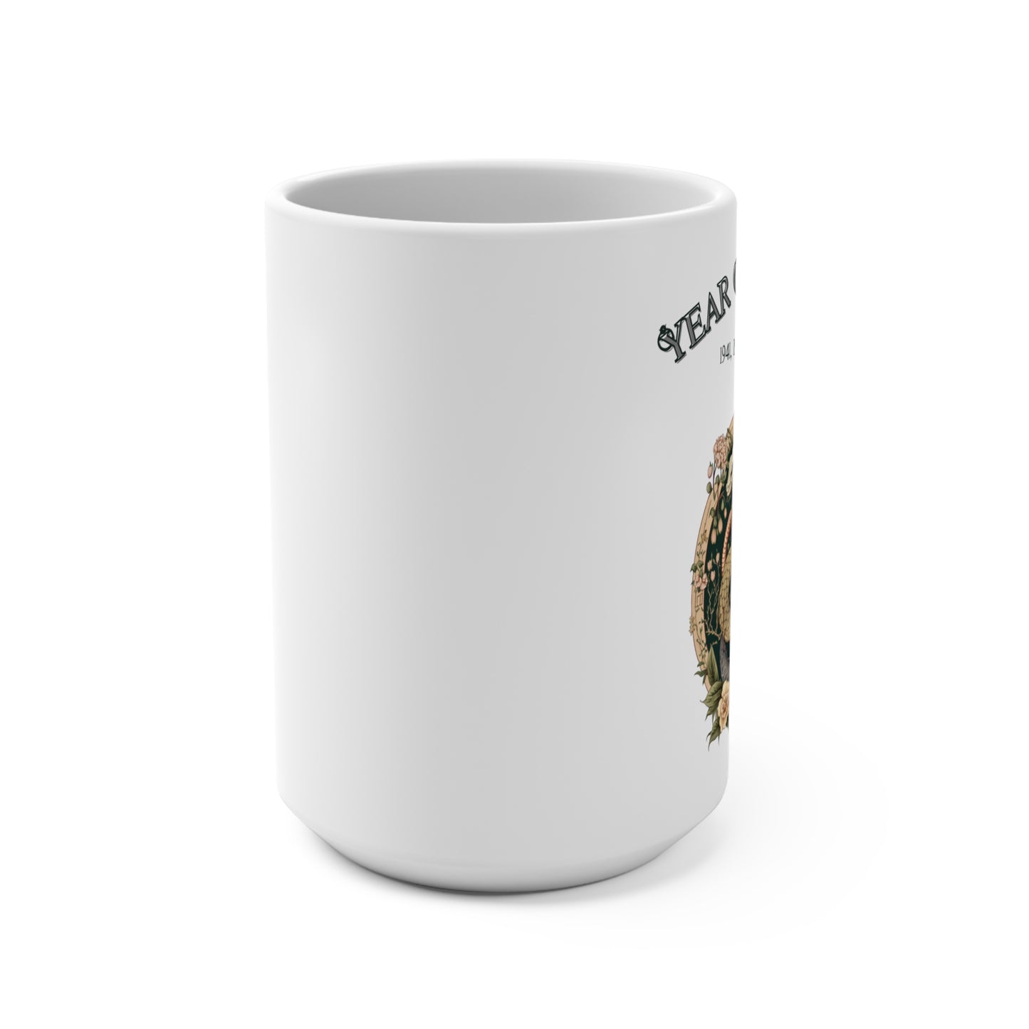 White mug with a graphic design on a white background
