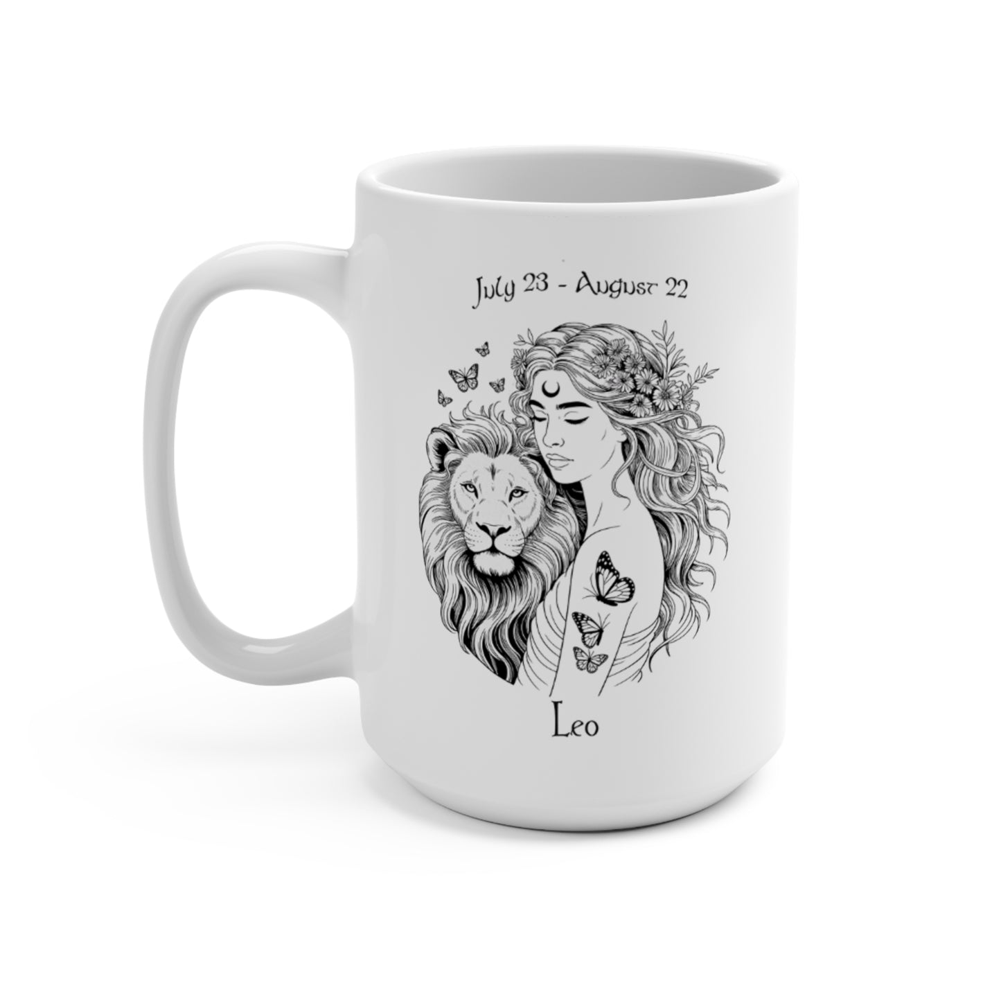 White mug with a design of a woman and lion, representing the Leo zodiac sign, on a white background.