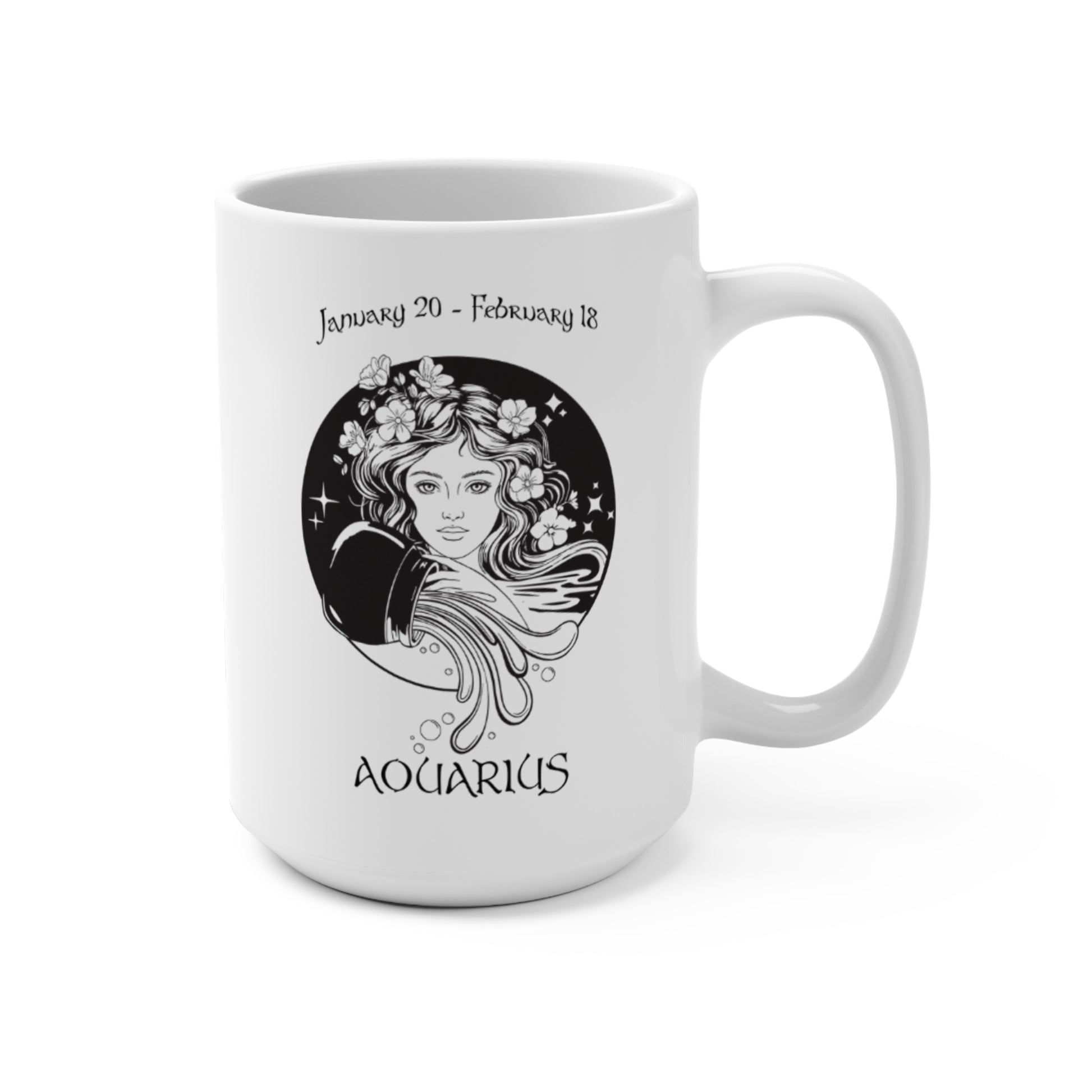 Aquarius Zodiac Goddess Mug with celestial water bearer design and January 20 - February 18 dates

