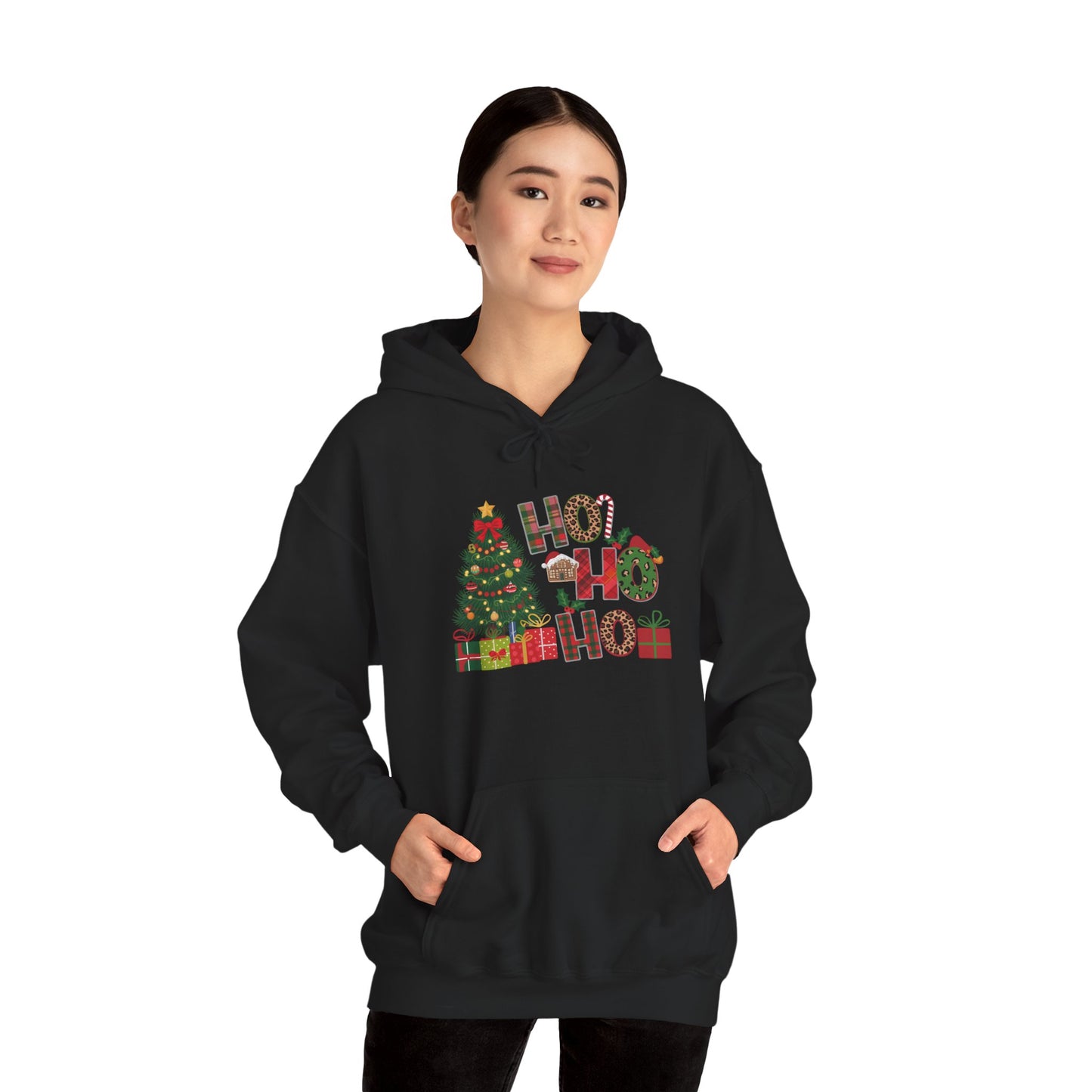 Embroidered Ho Ho Ho Christmas Hoodie – Festive Tree & Gifts Holiday Sweatshirt