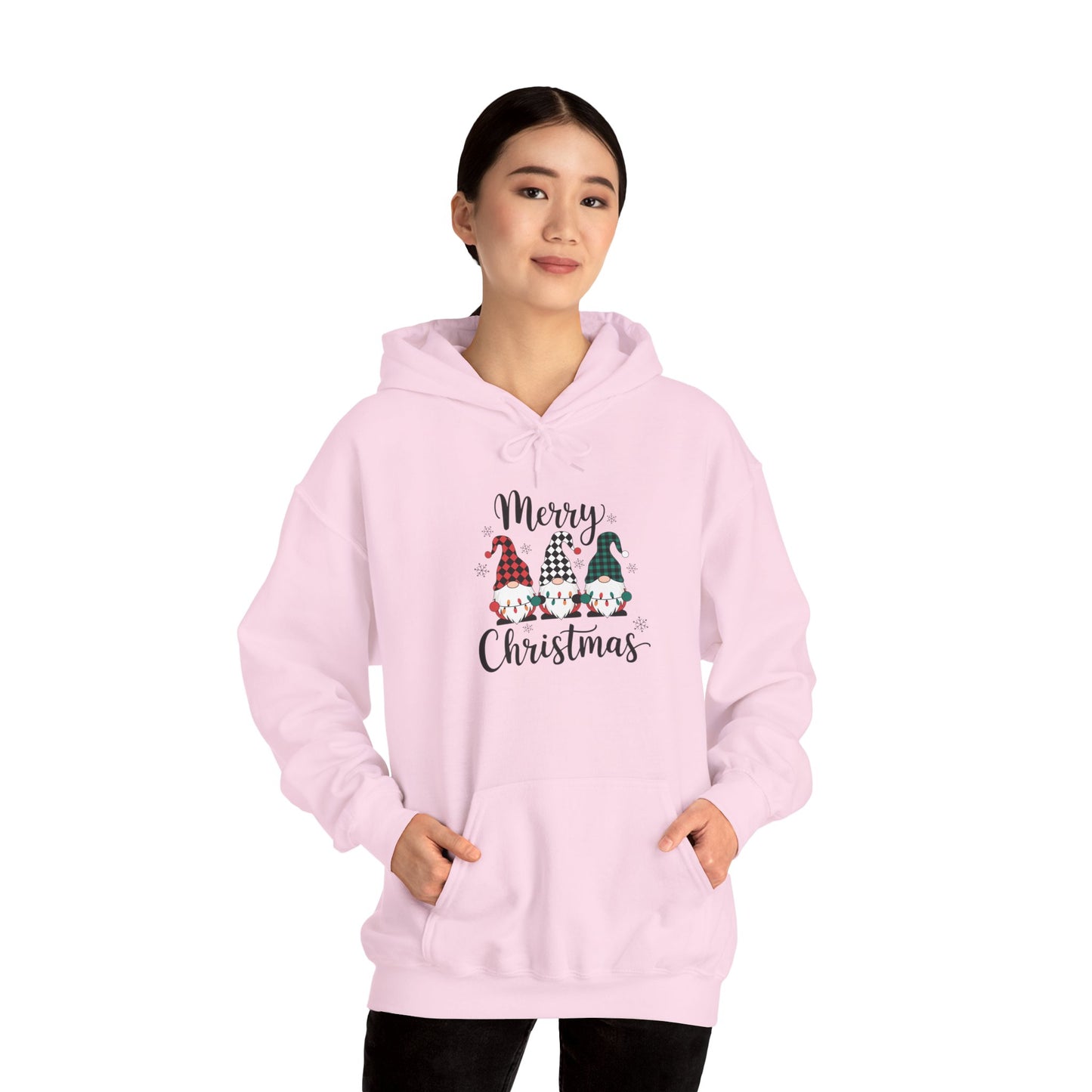 Embroidered Merry Christmas Gnomes Hoodie — Festive Plaid Holiday Pullover