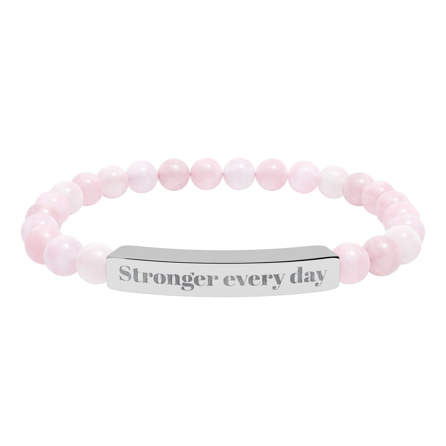 Engraved Natural Stone Stretch Bracelet — 'Stronger Every Day' Beaded Bar Bracelet