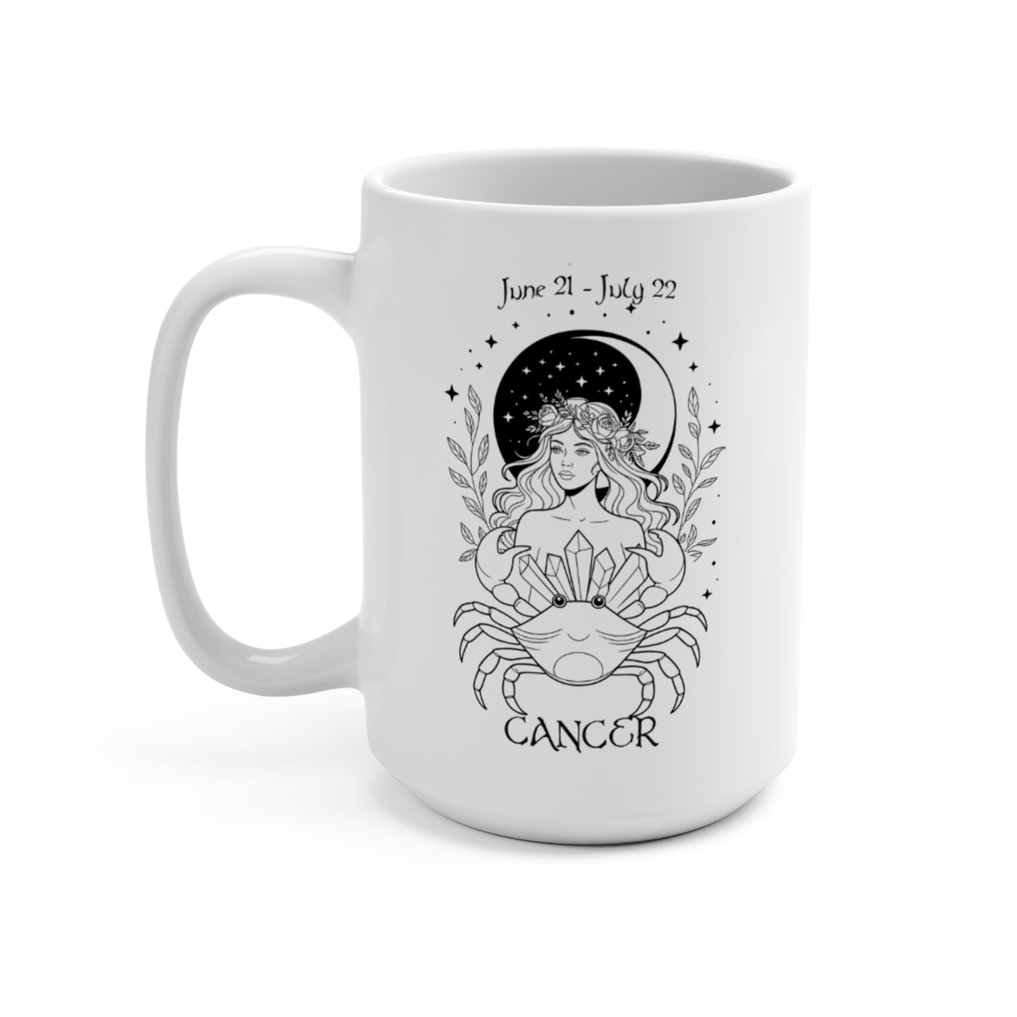 White mug with Cancer zodiac design on a white background