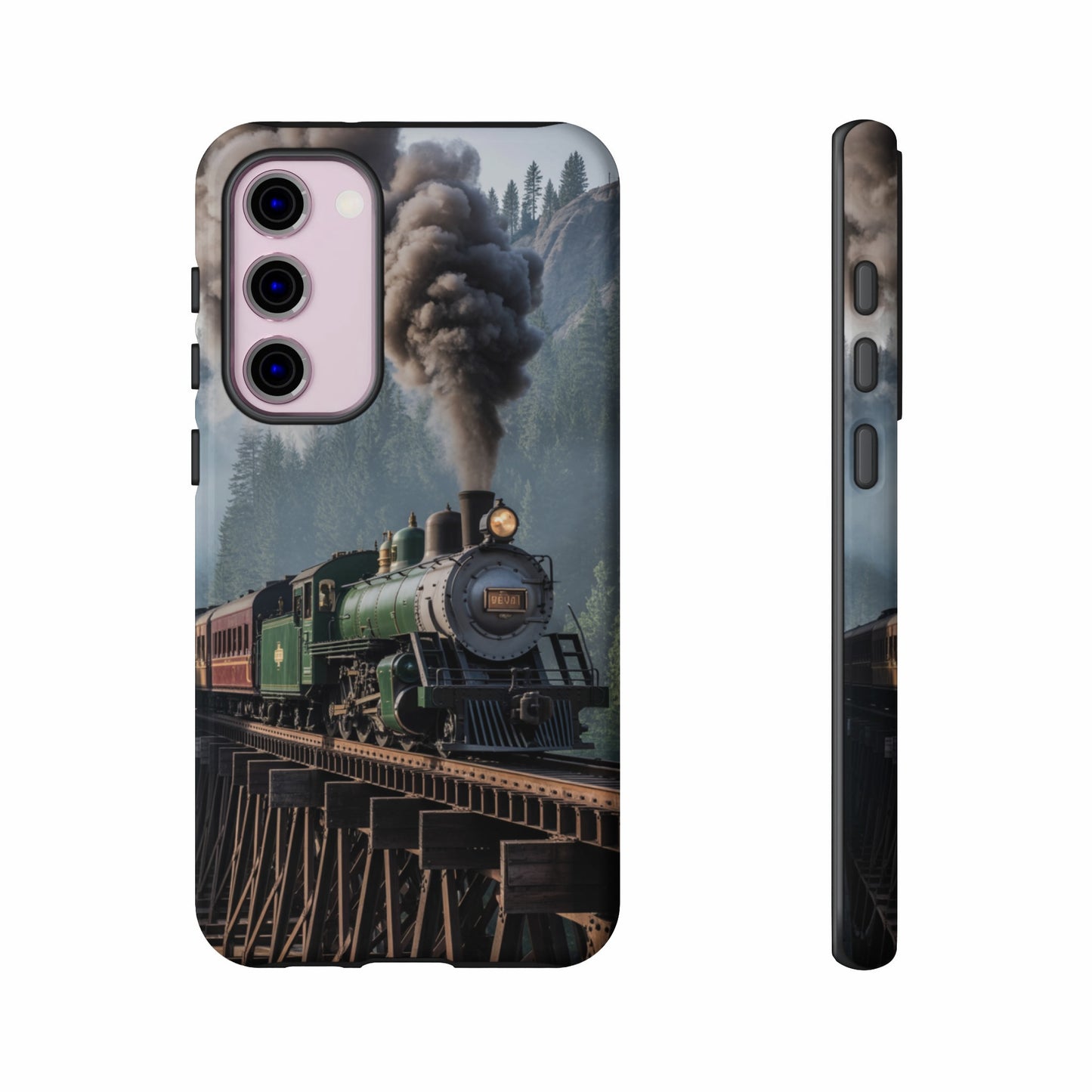 Green steam train crossing a wooden bridge, viewed from front and side.
