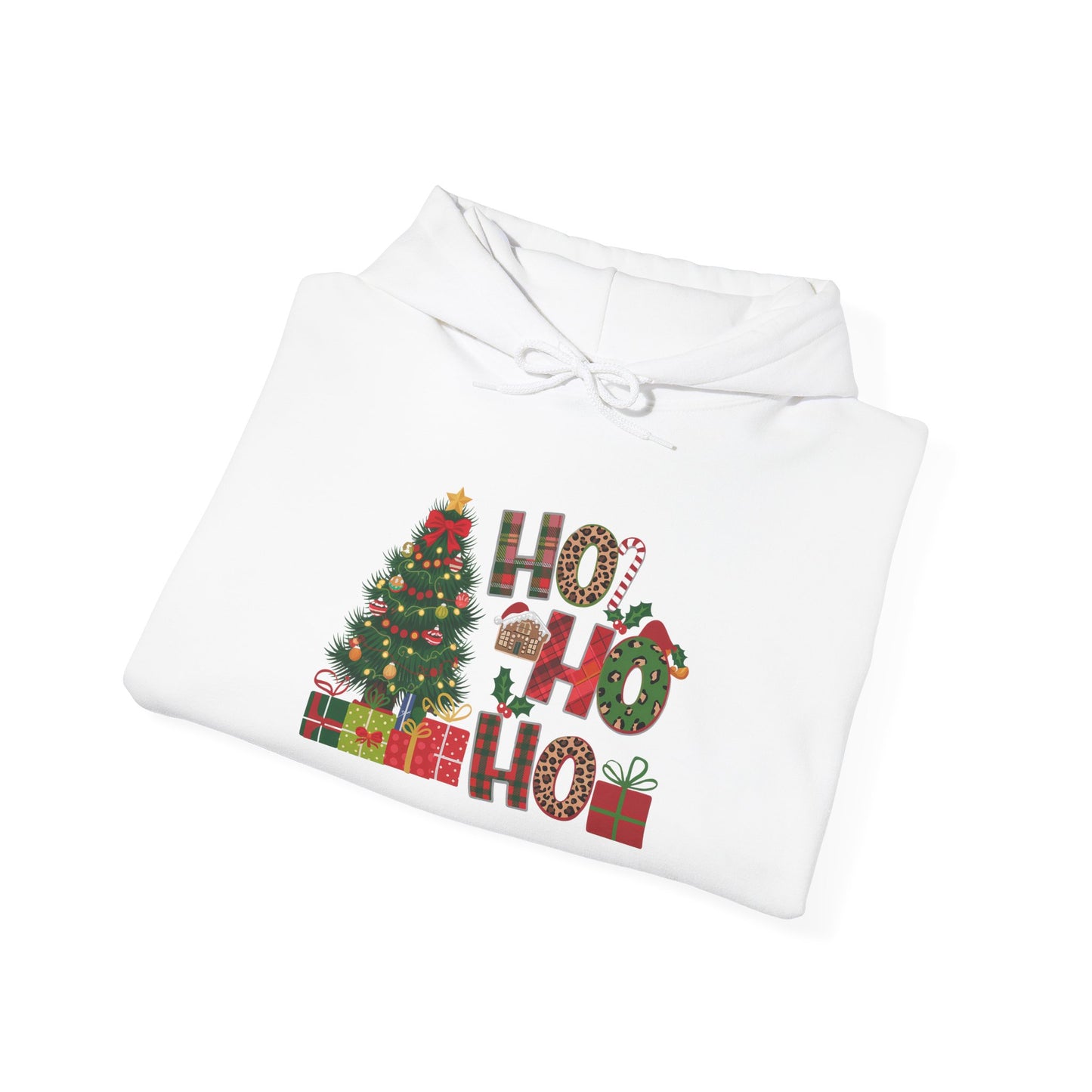Embroidered Ho Ho Ho Christmas Hoodie – Festive Tree & Gifts Holiday Sweatshirt
