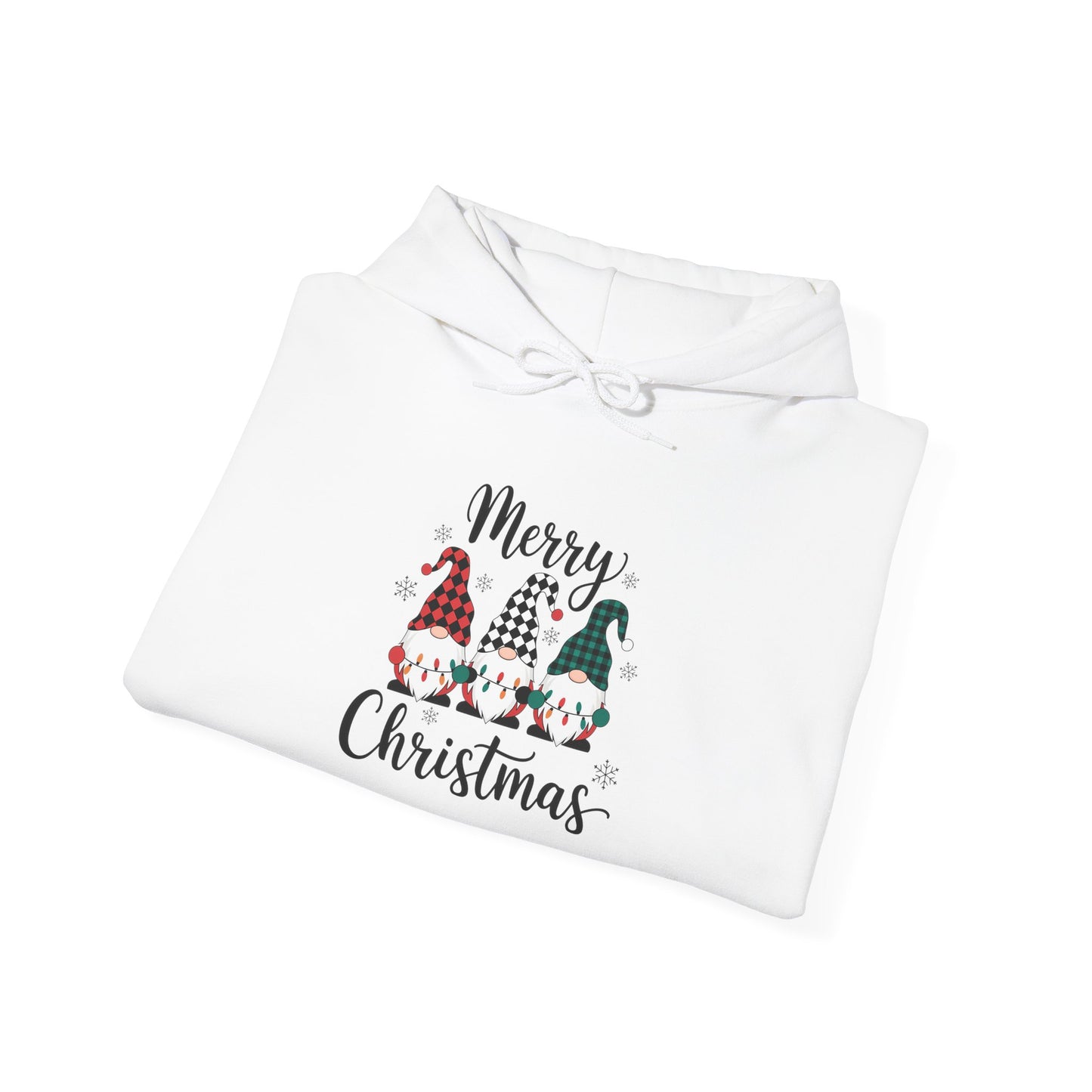 Embroidered Merry Christmas Gnomes Hoodie — Festive Plaid Holiday Pullover