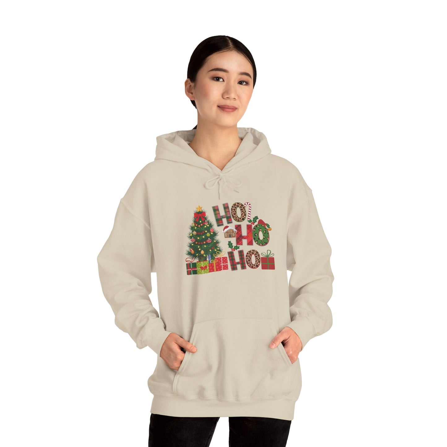 Embroidered Ho Ho Ho Christmas Hoodie – Festive Tree & Gifts Holiday Sweatshirt