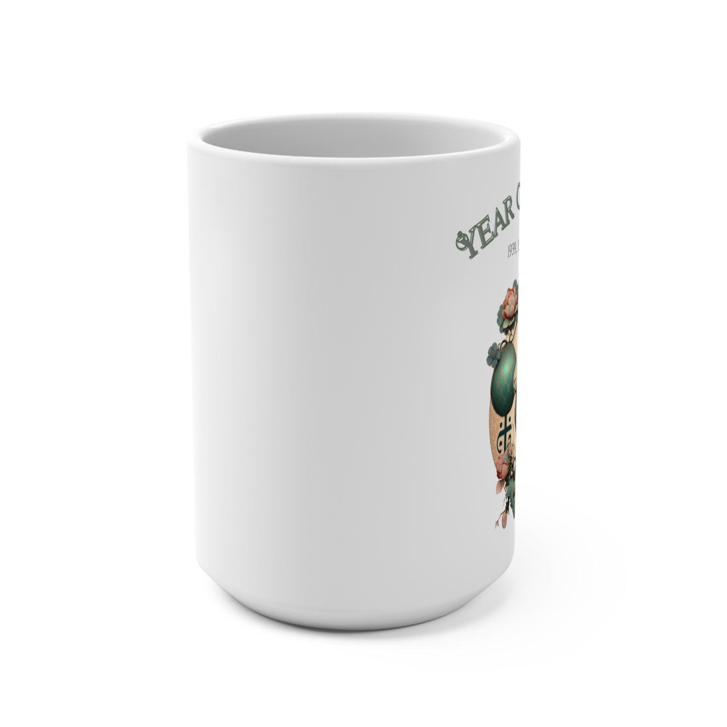 White mug with a graphic design on a white background