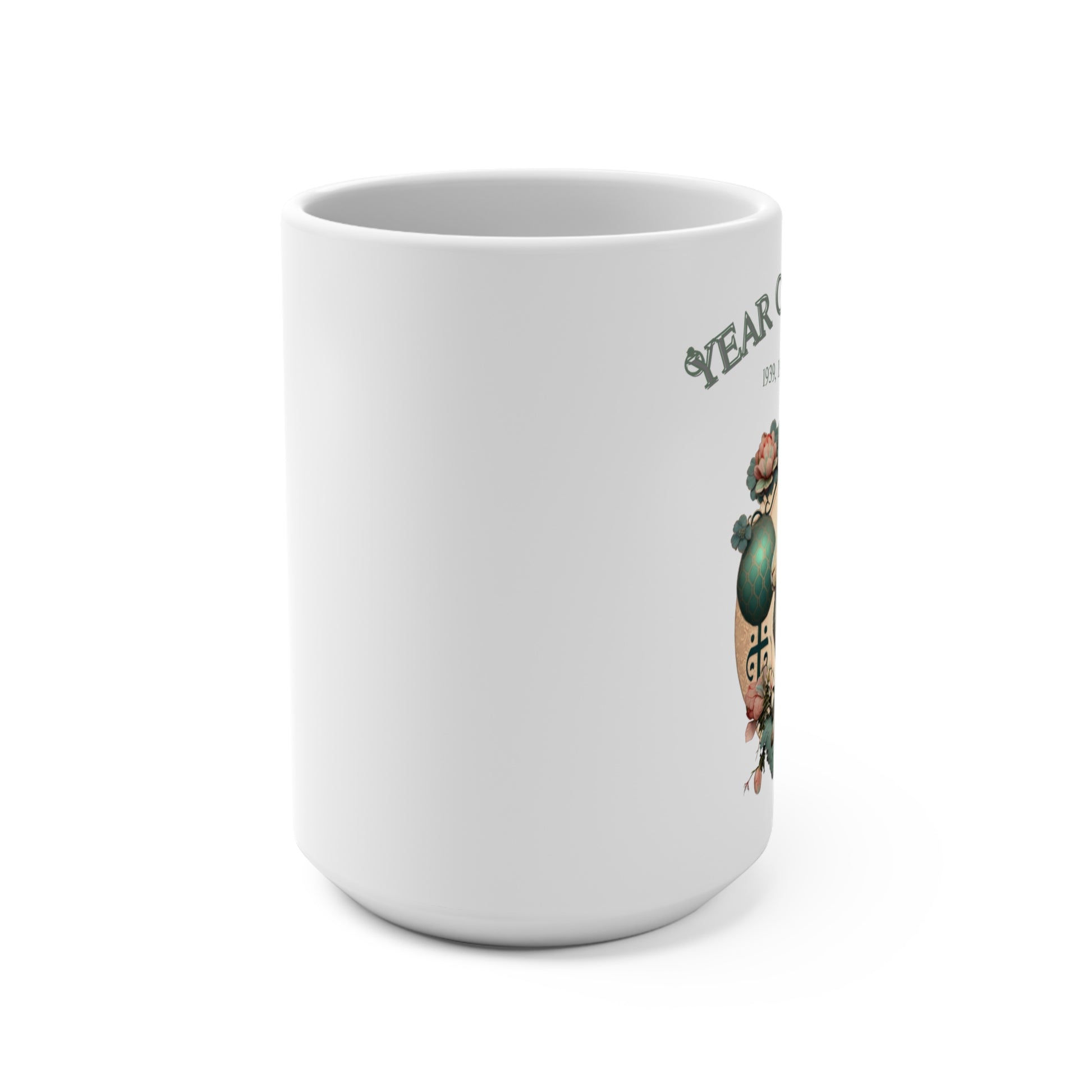White mug with a graphic design on a white background