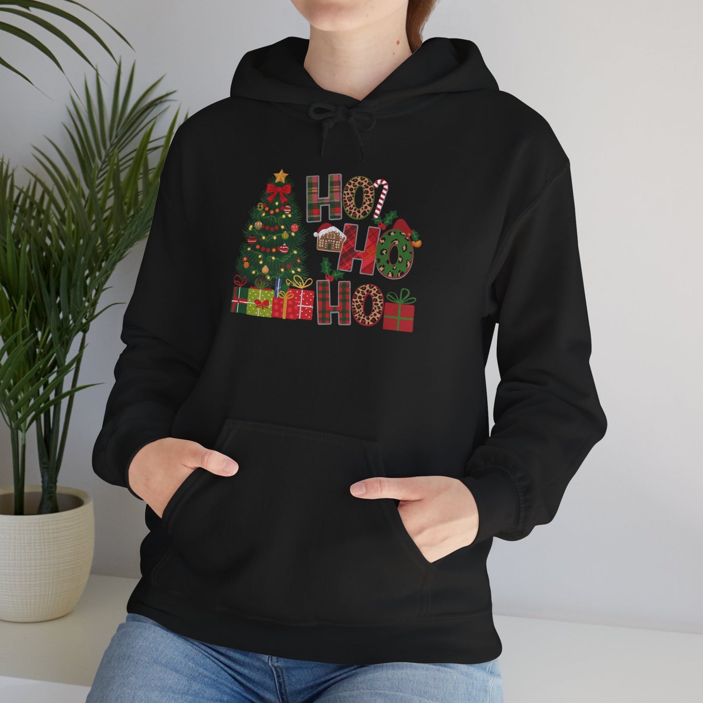 Embroidered Ho Ho Ho Christmas Hoodie – Festive Tree & Gifts Holiday Sweatshirt