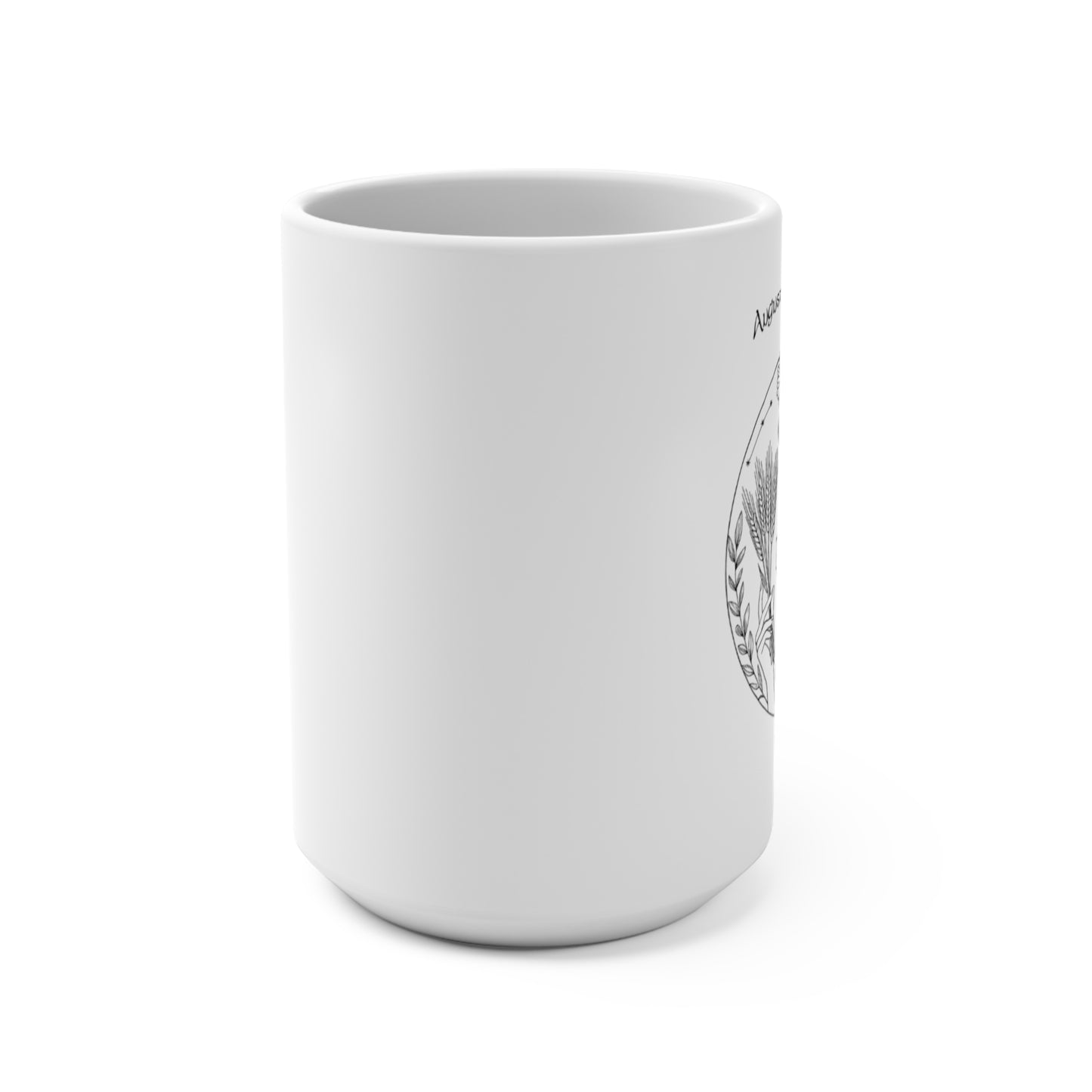White mug with black text and design on a white background