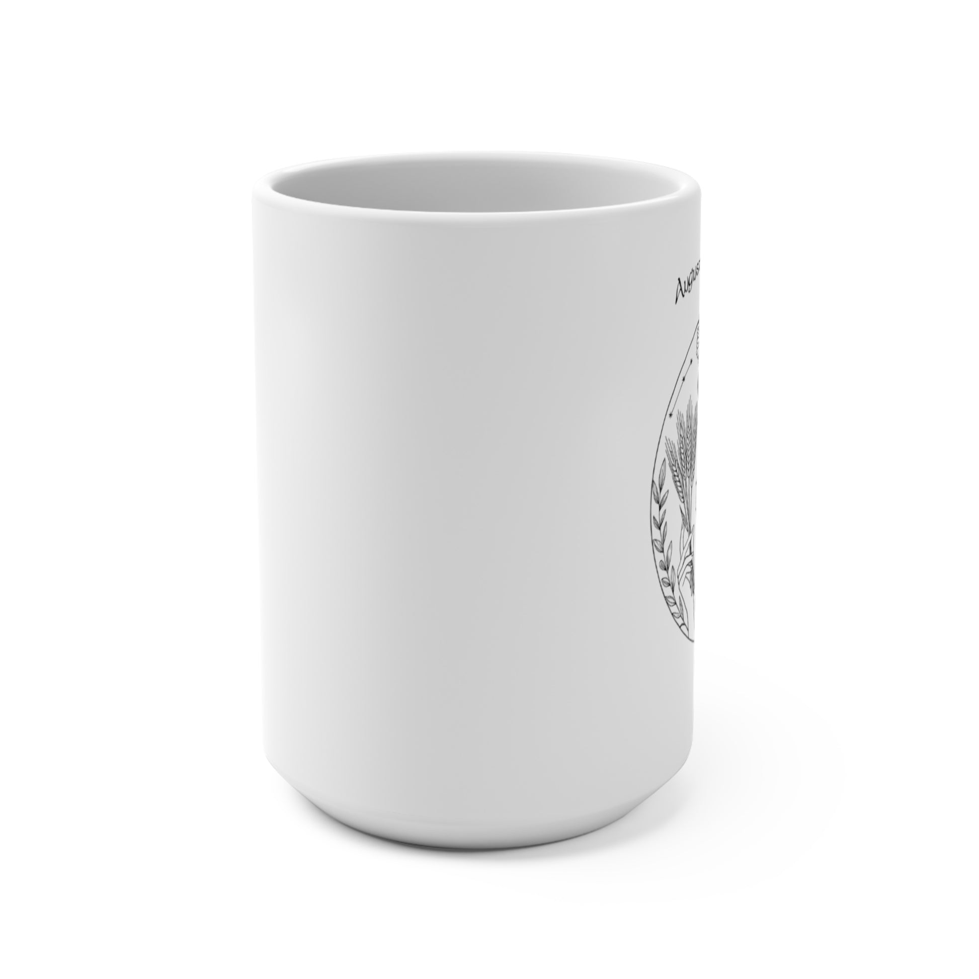 White mug with black text and design on a white background