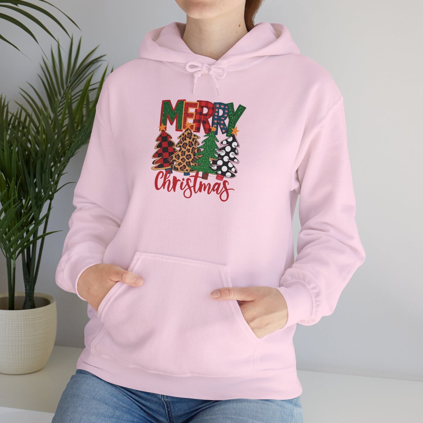 Embroidered Christmas Trees 'Merry Christmas' Hoodie - Holiday Plaid & Buffalo Check