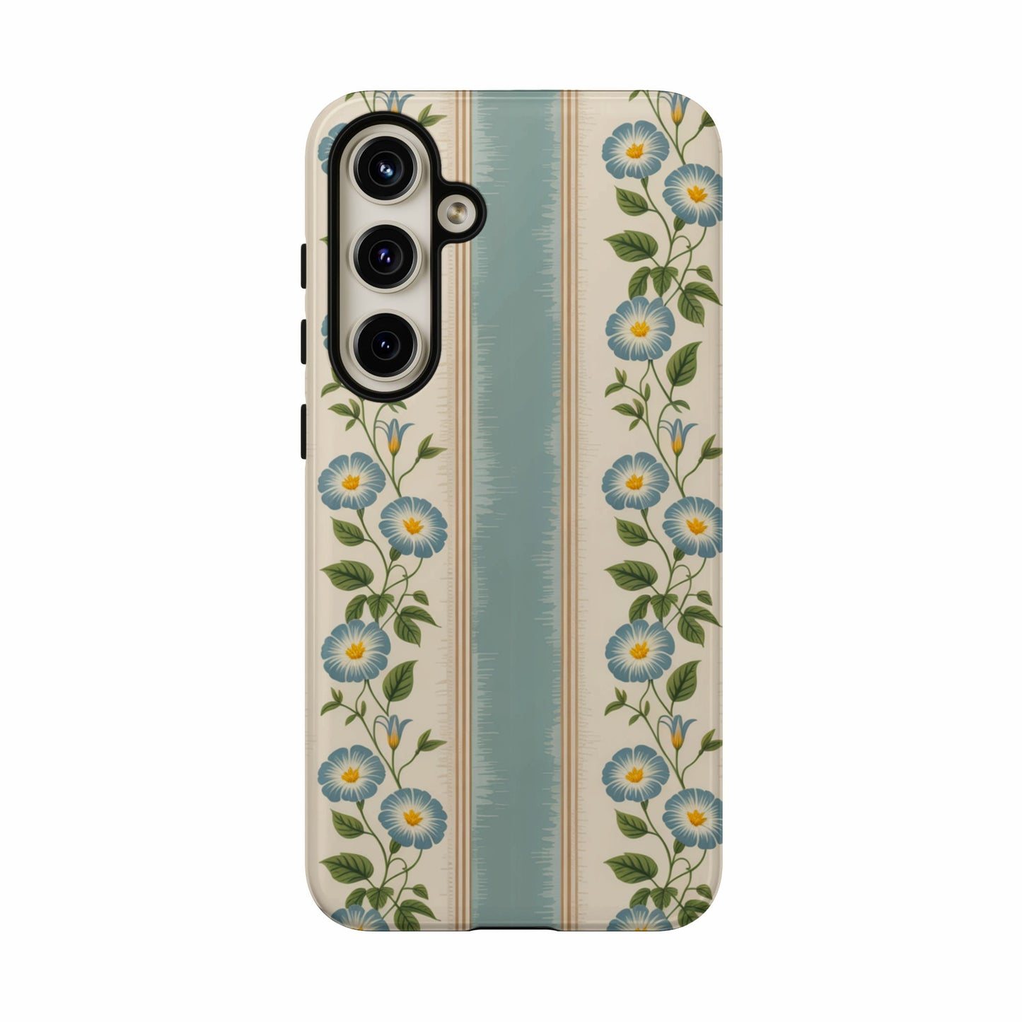 Phone case with blue floral vines on striped cream and teal background.