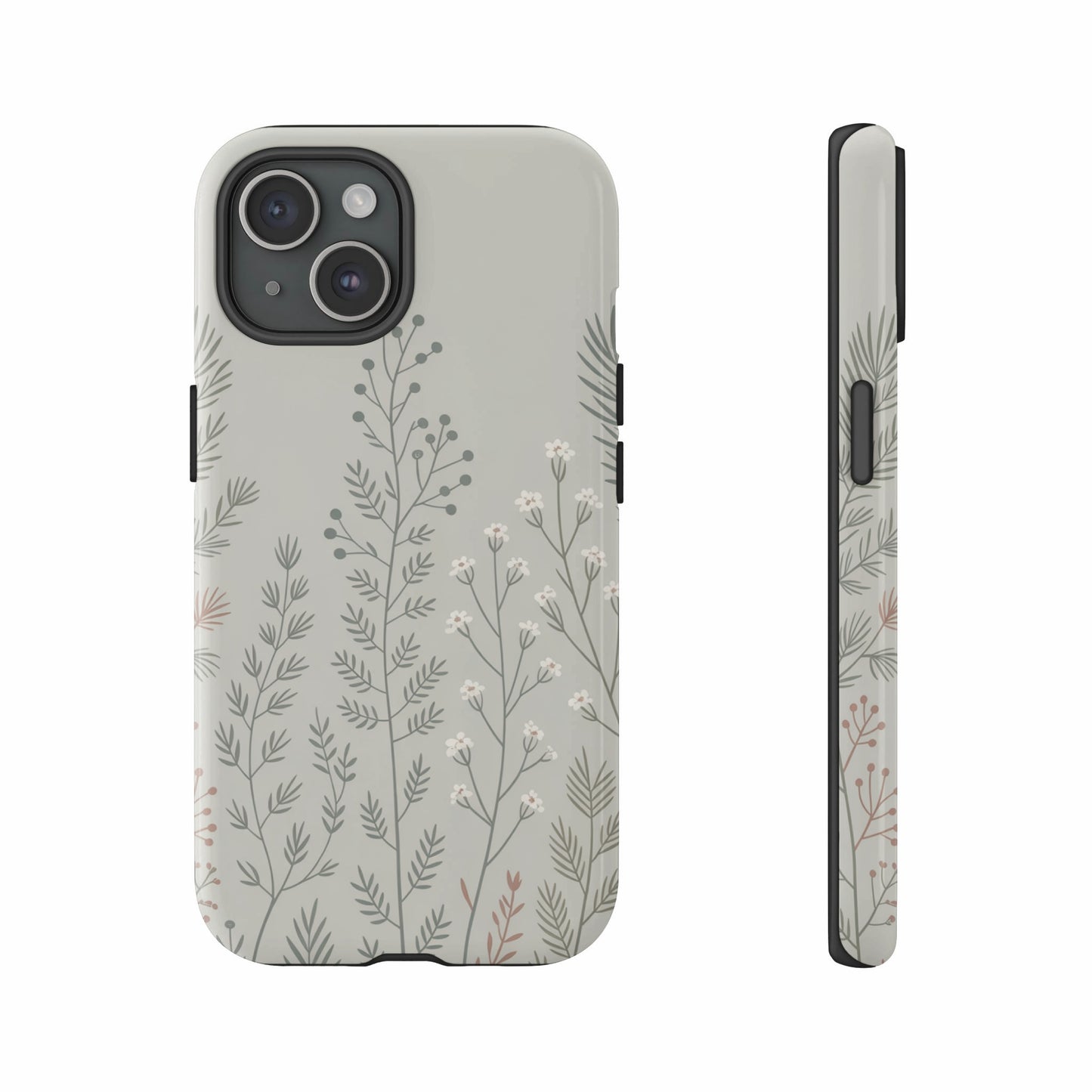 Light beige phone case with delicate white and pink floral botanical pattern.