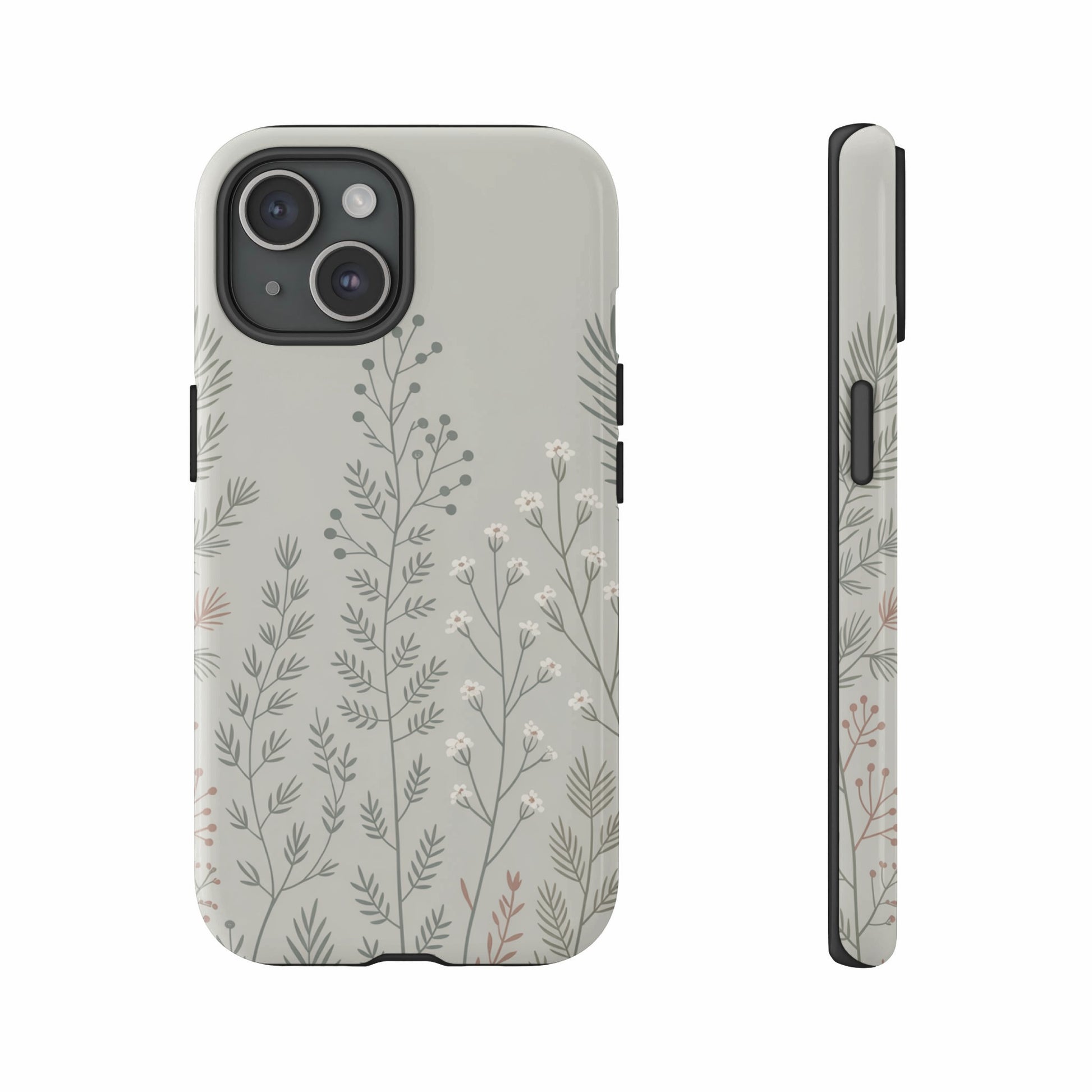 Light beige phone case with delicate white and pink floral botanical pattern.