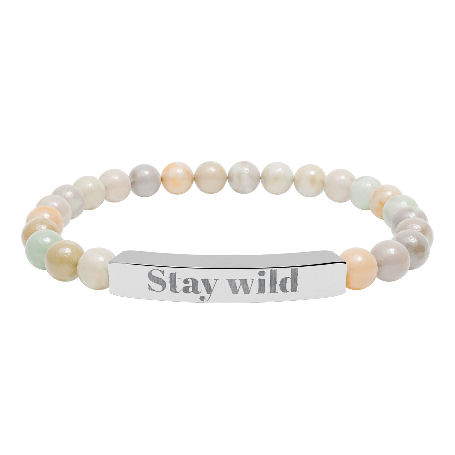 Engraved Natural Stone Bar Bracelet — "Stay Wild" Stretch Beaded Bracelet